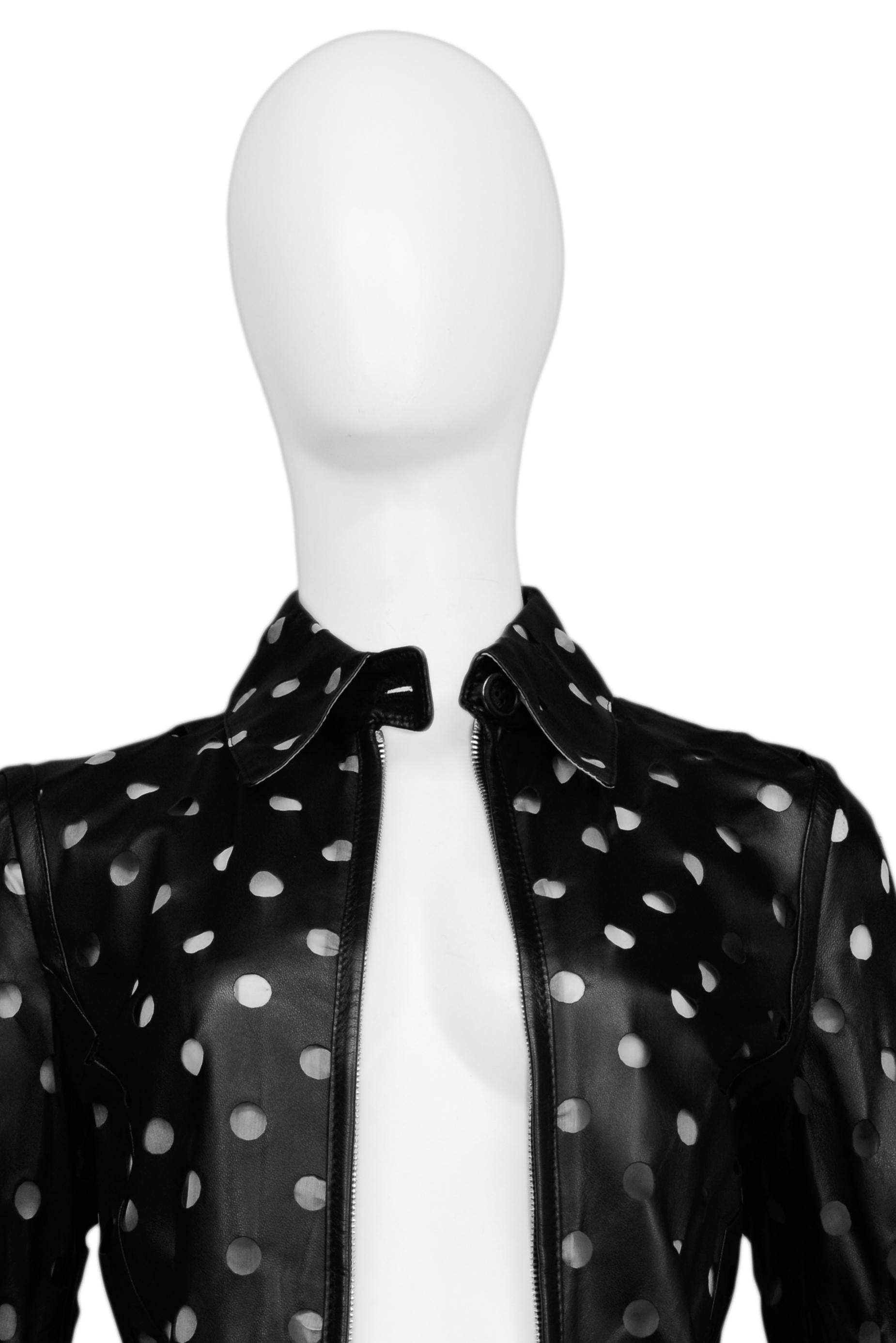 Women's or Men's Gianfranco Ferre Black Leather Cut-Out Dot Jacket For Sale