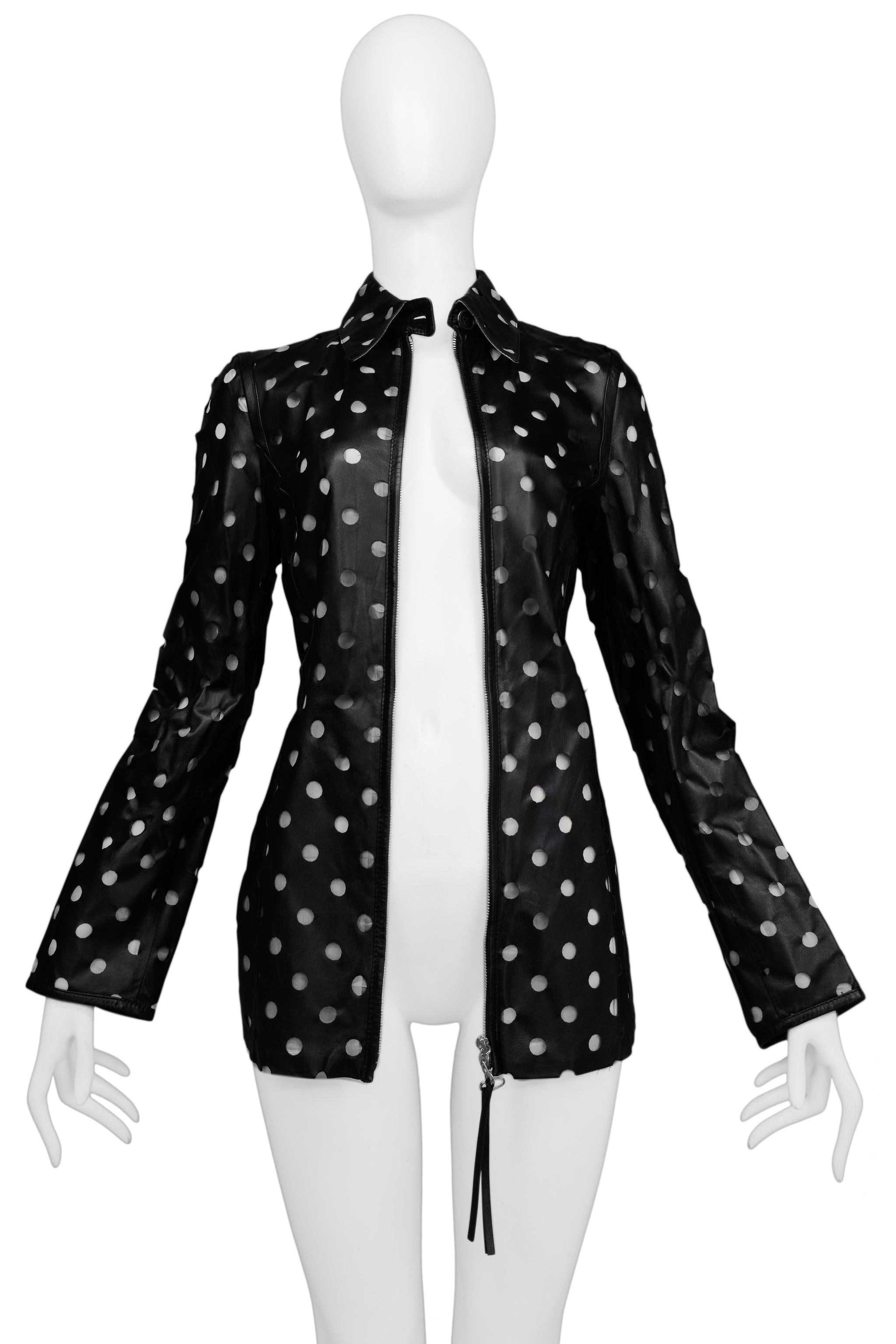Gianfranco Ferre Black Leather Cut-Out Dot Jacket For Sale 1