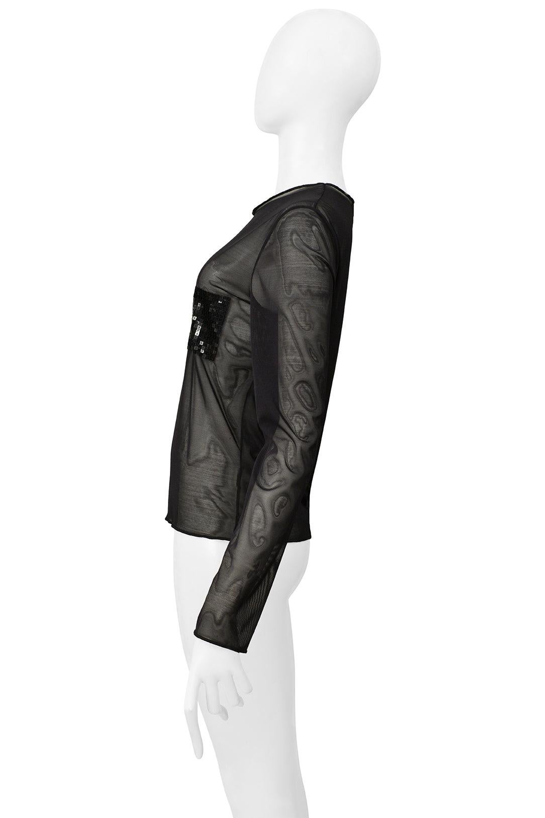 Gianfranco Ferre Black Mesh Long Sleeve Top With Sequin Band In Excellent Condition For Sale In Los Angeles, CA