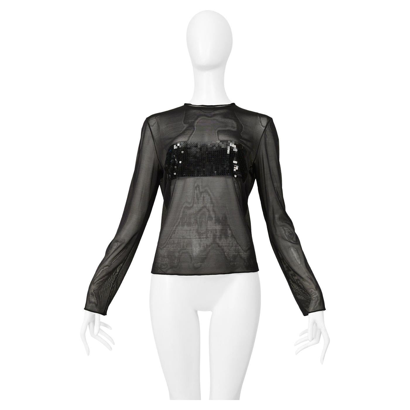 Gianfranco Ferre Black Mesh Long Sleeve Top With Sequin Band For Sale