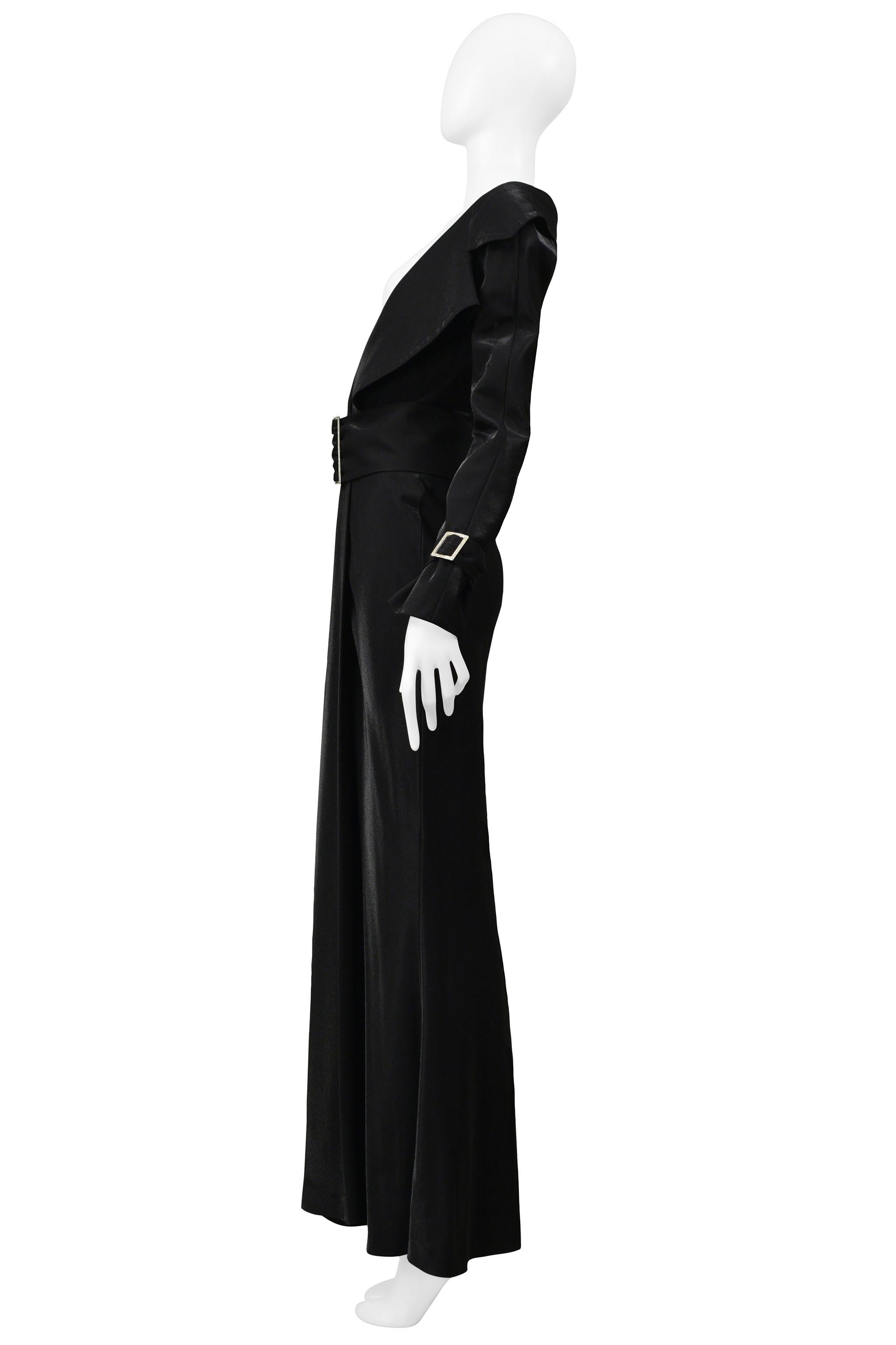 Gianfranco Ferre Black Metallic Trench Gown With Belt & Crystal Hardware In Excellent Condition For Sale In Los Angeles, CA