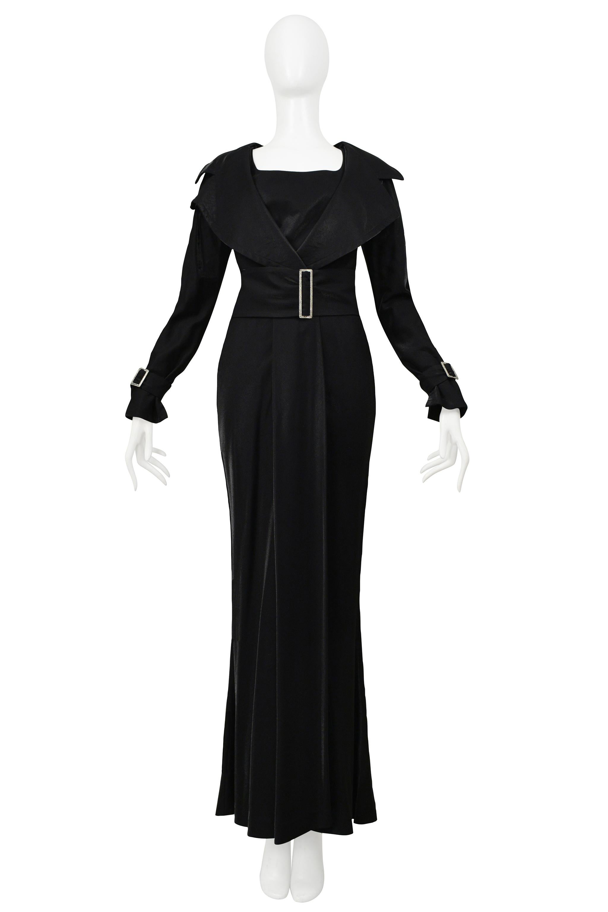 Gianfranco Ferre Black Metallic Trench Gown With Belt & Crystal Hardware For Sale 1