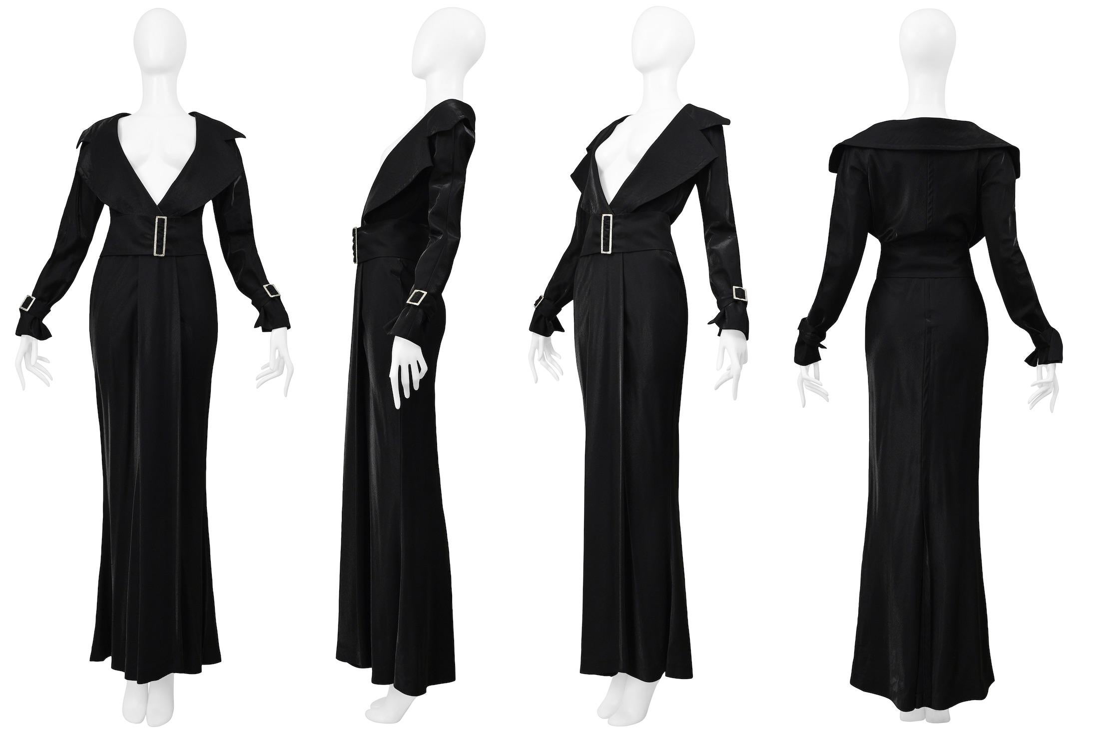 Gianfranco Ferre Black Metallic Trench Gown With Belt & Crystal Hardware For Sale 2