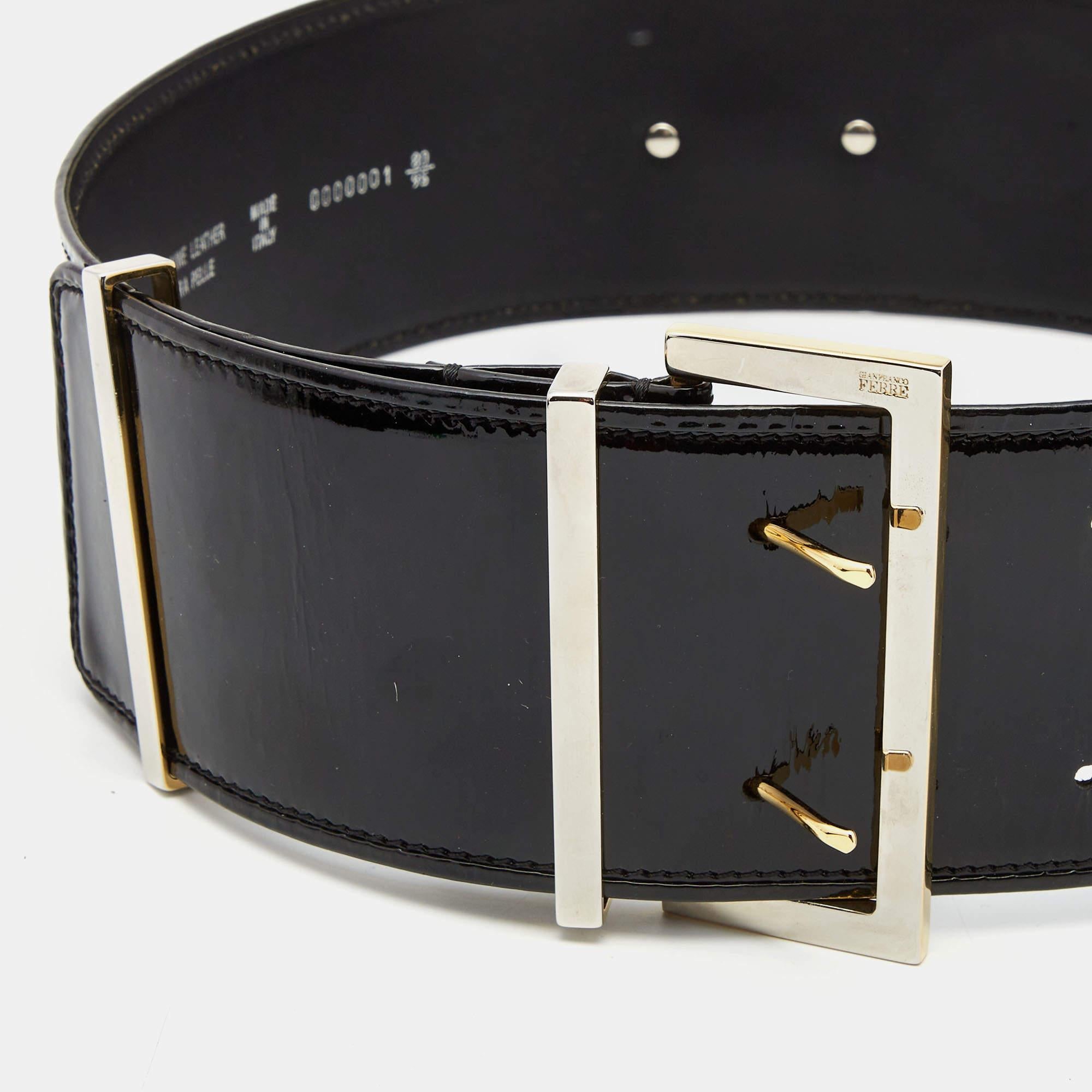 Women's Gianfranco Ferre Black Patent Leather Buckle Wide Belt 95CM For Sale