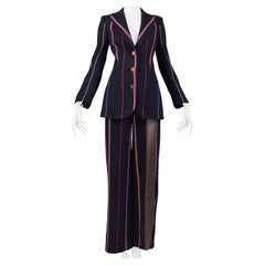 Gianfranco Ferre Black, Red, & White Pinstripe Suit With Sheer Panels