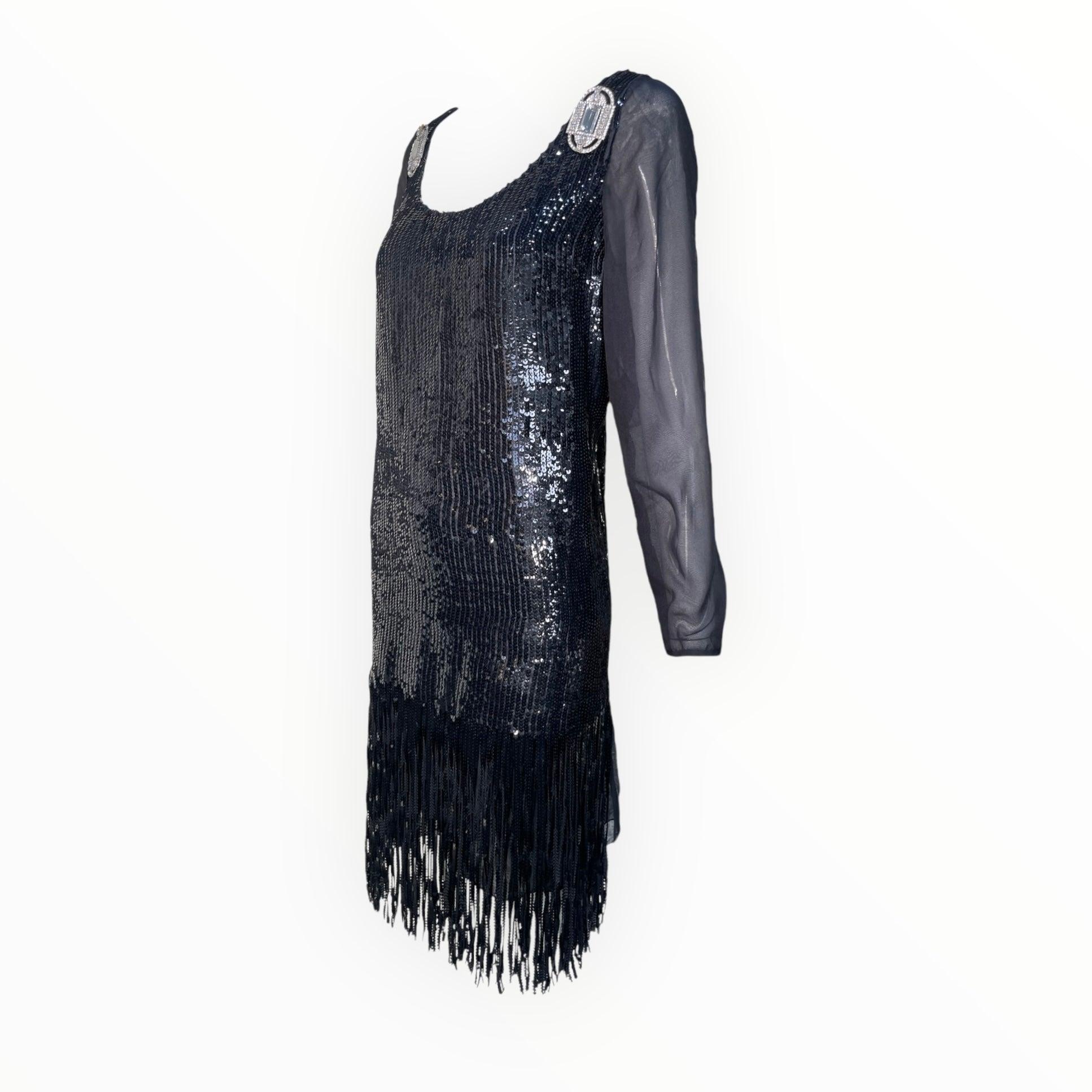 Experience the dazzling allure of Gianfranco Ferre's Black Sequin Fringe Cocktail Dress from the iconic Ultimo boutique. With a sleek, flapper-inspired silhouette and intricate Art Deco brooch detailing, this exquisite piece is perfect for any