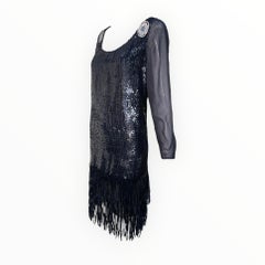 Gianfranco Ferré Black Sequin Fringe Cocktail Dress, 1980s
