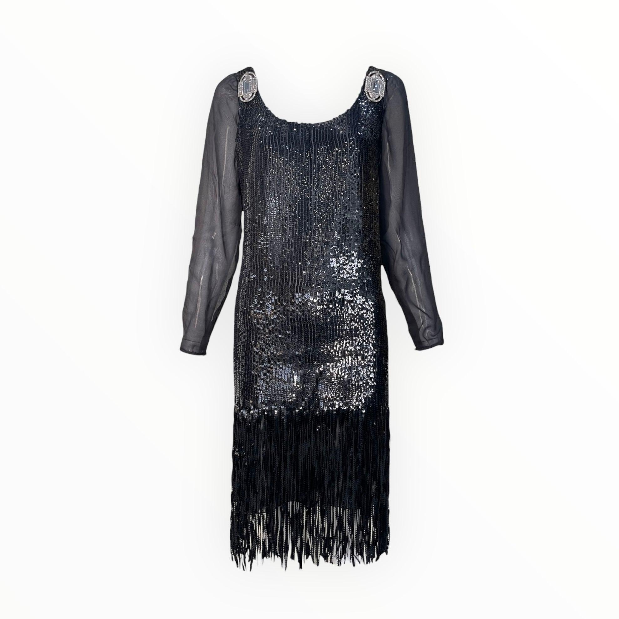 Gianfranco Ferré Black Sequin Fringe Cocktail Dress, 1980s For Sale