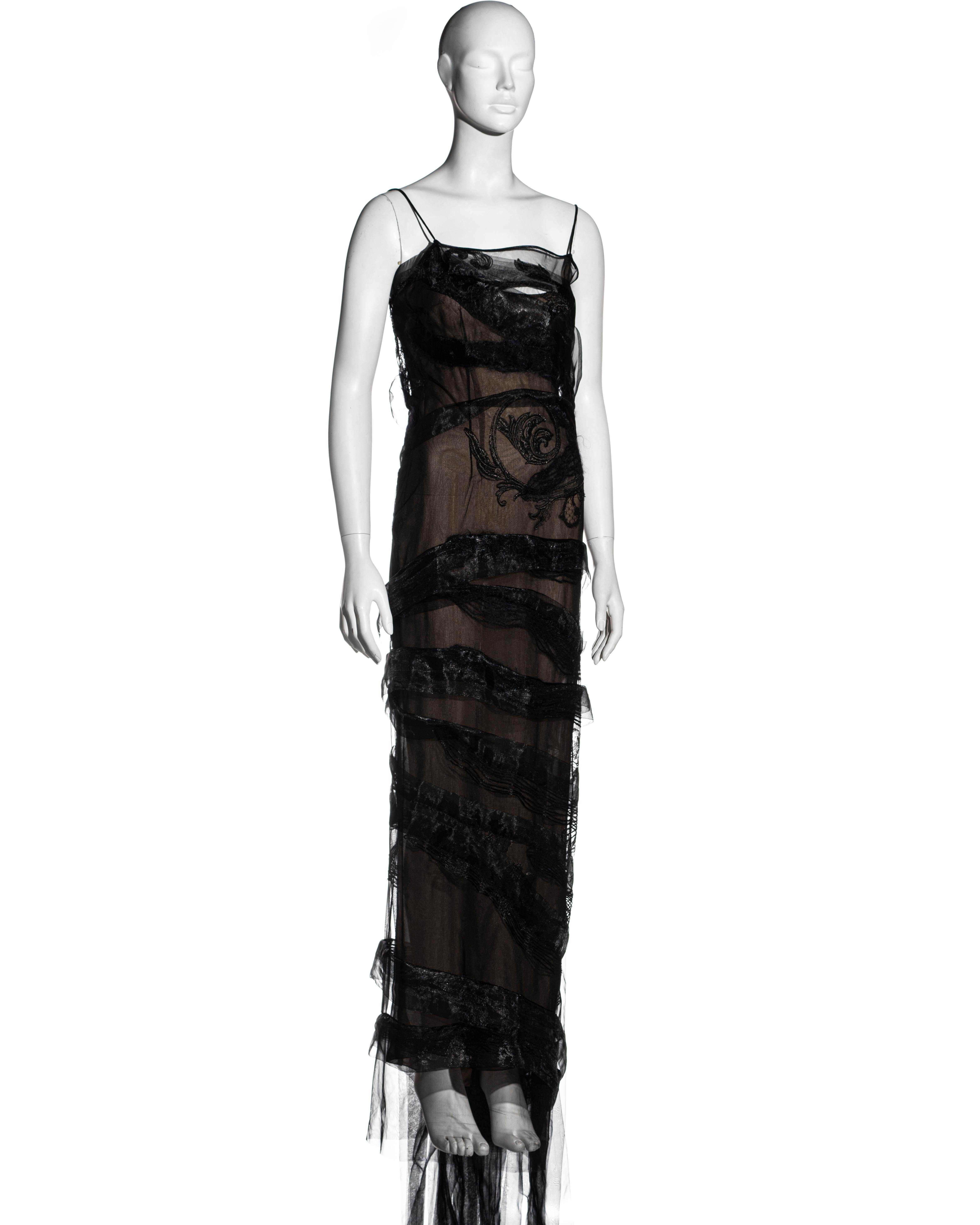 Black Gianfranco Ferre black silk organza embroidered trained evening dress, fw 1999