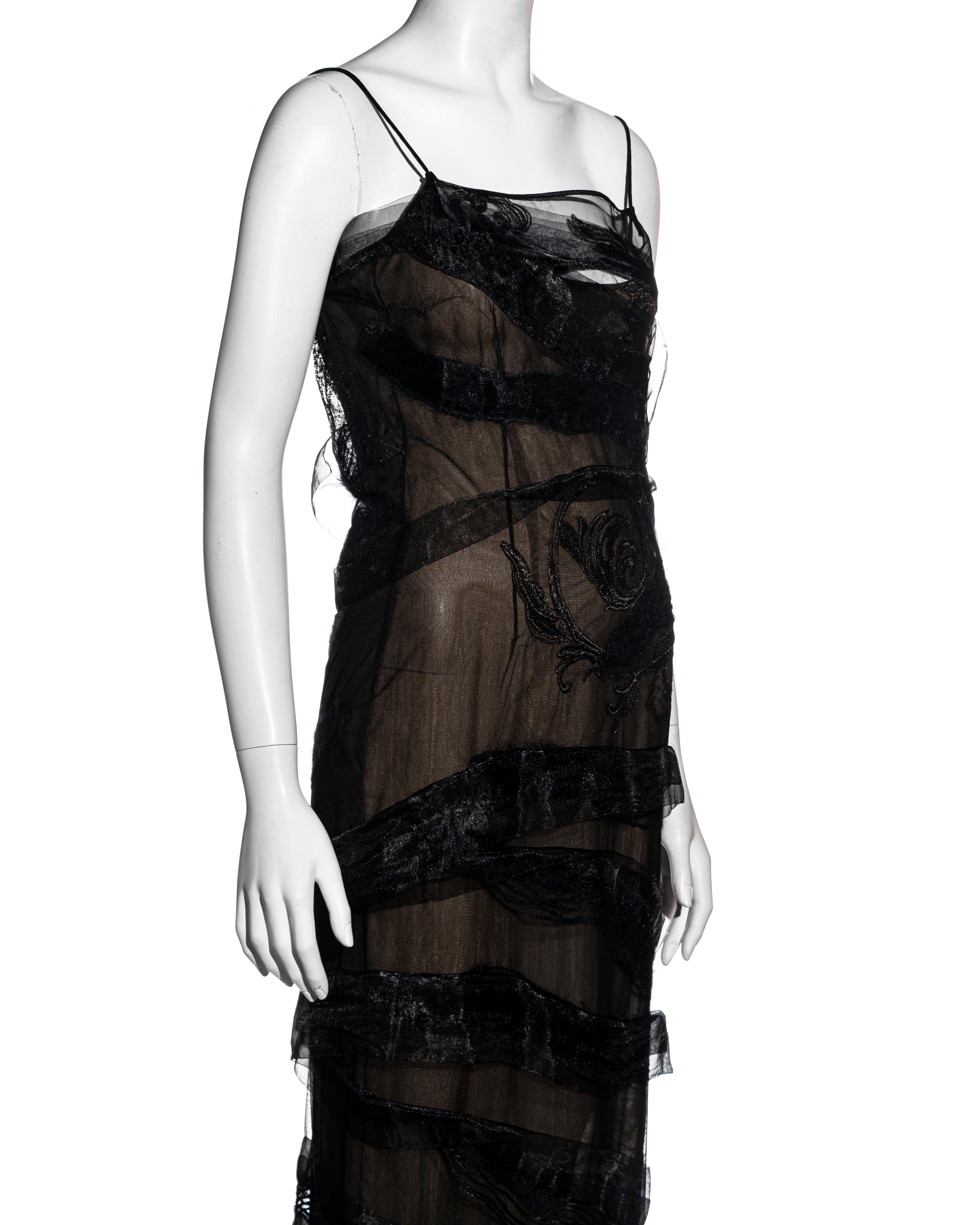 Gianfranco Ferre black silk organza embroidered trained evening dress, fw 1999 In New Condition In London, GB