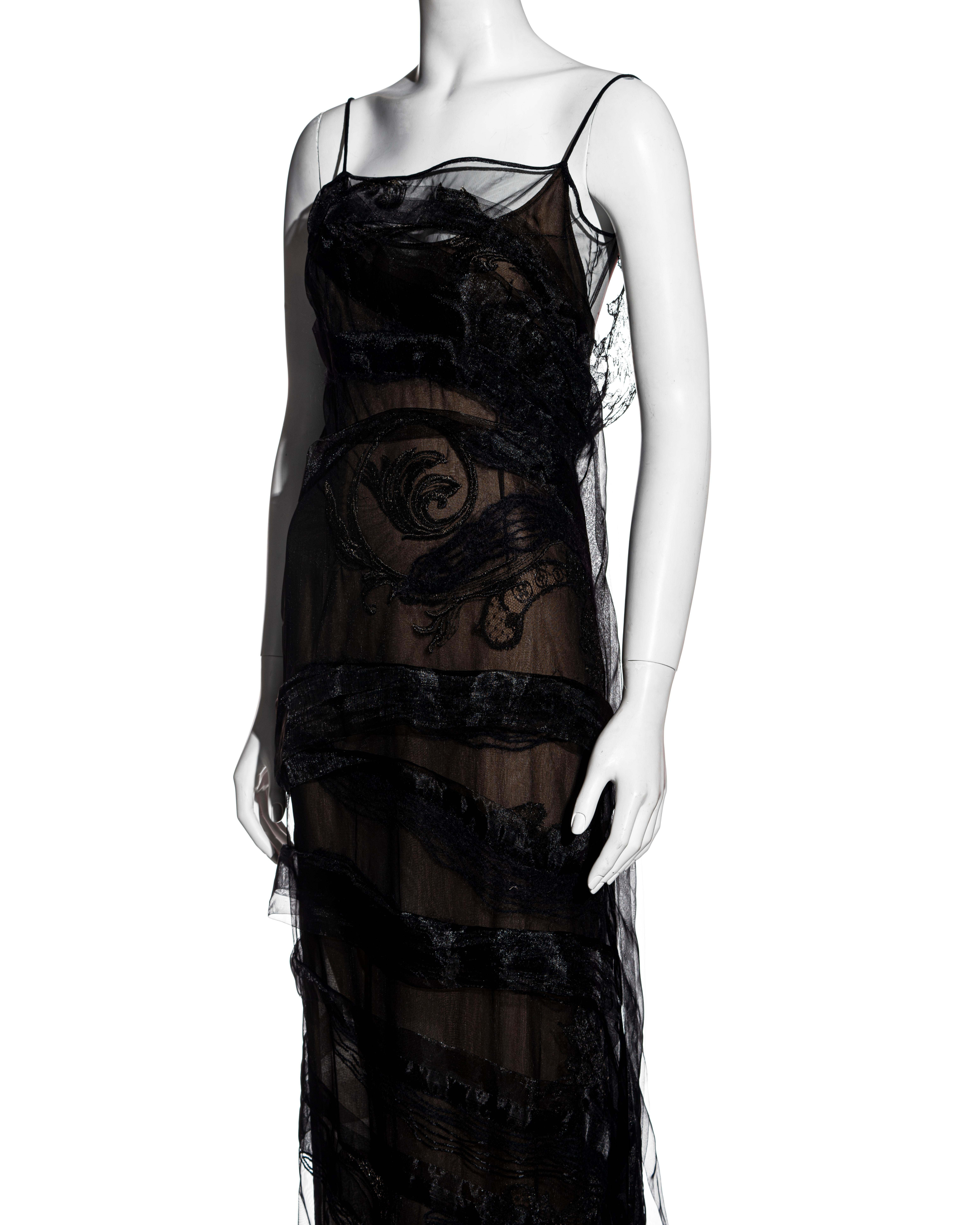 Gianfranco Ferre black silk organza embroidered trained evening dress, fw 1999 1