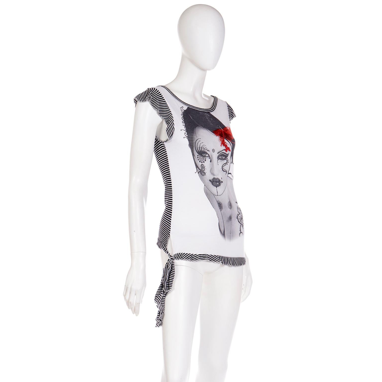 Gianfranco Ferre Black & White Vintage Novelty Top W Woman's Face & Rhinestones In Excellent Condition For Sale In Portland, OR