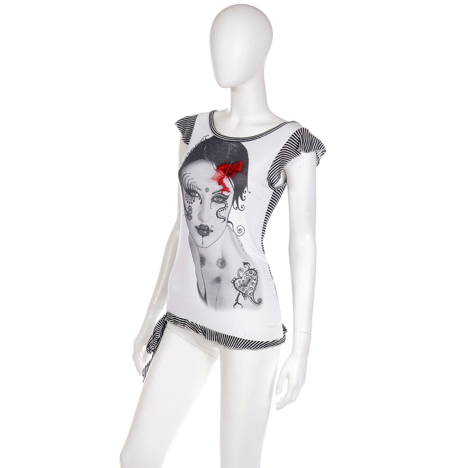 Gianfranco Ferre Black & White Vintage Novelty Top W Woman's Face & Rhinestones For Sale 1