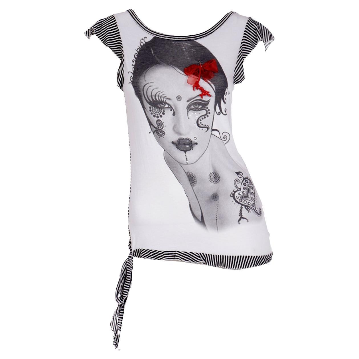 Gianfranco Ferre Black & White Vintage Novelty Top W Woman's Face & Rhinestones For Sale