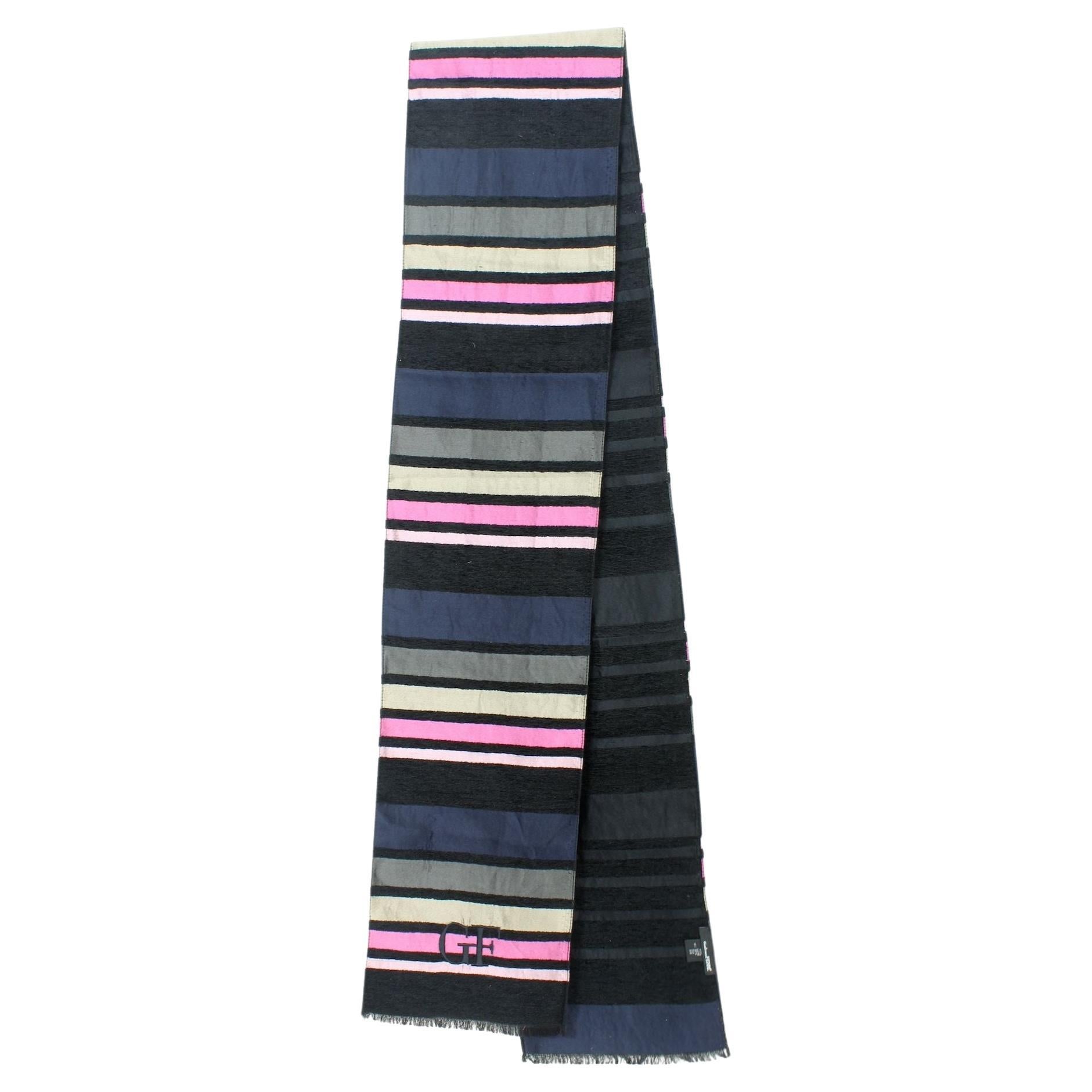 Gianfranco Ferrè Blue Black Pink Wool Silk Evening Scarf For Sale