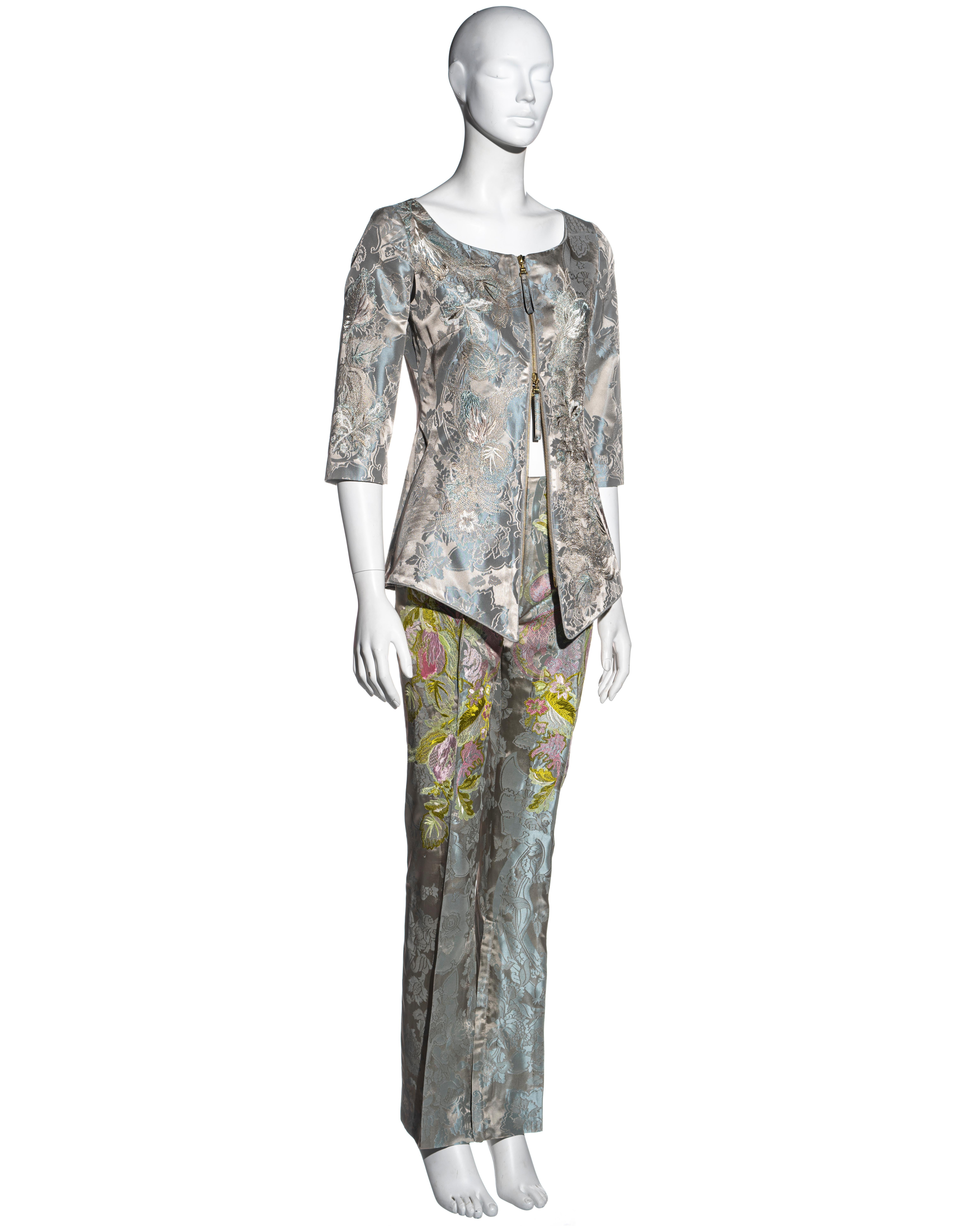 Women's Gianfranco Ferre blue silk jacquard embroidered pant suit, ss 2000 For Sale