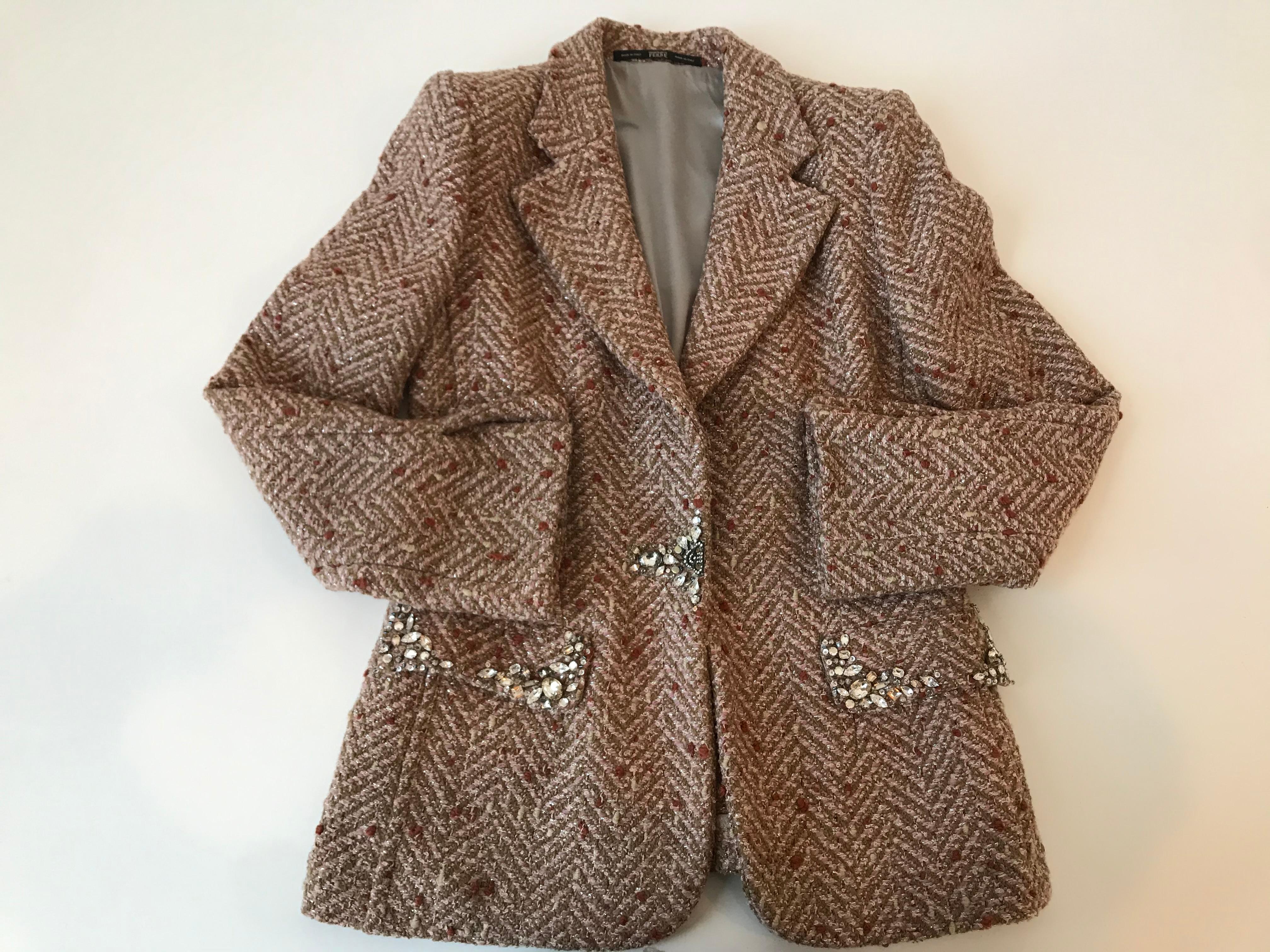 Gianfranco Ferre Boucle and Rhinestone Embellished Blazer For Sale 9