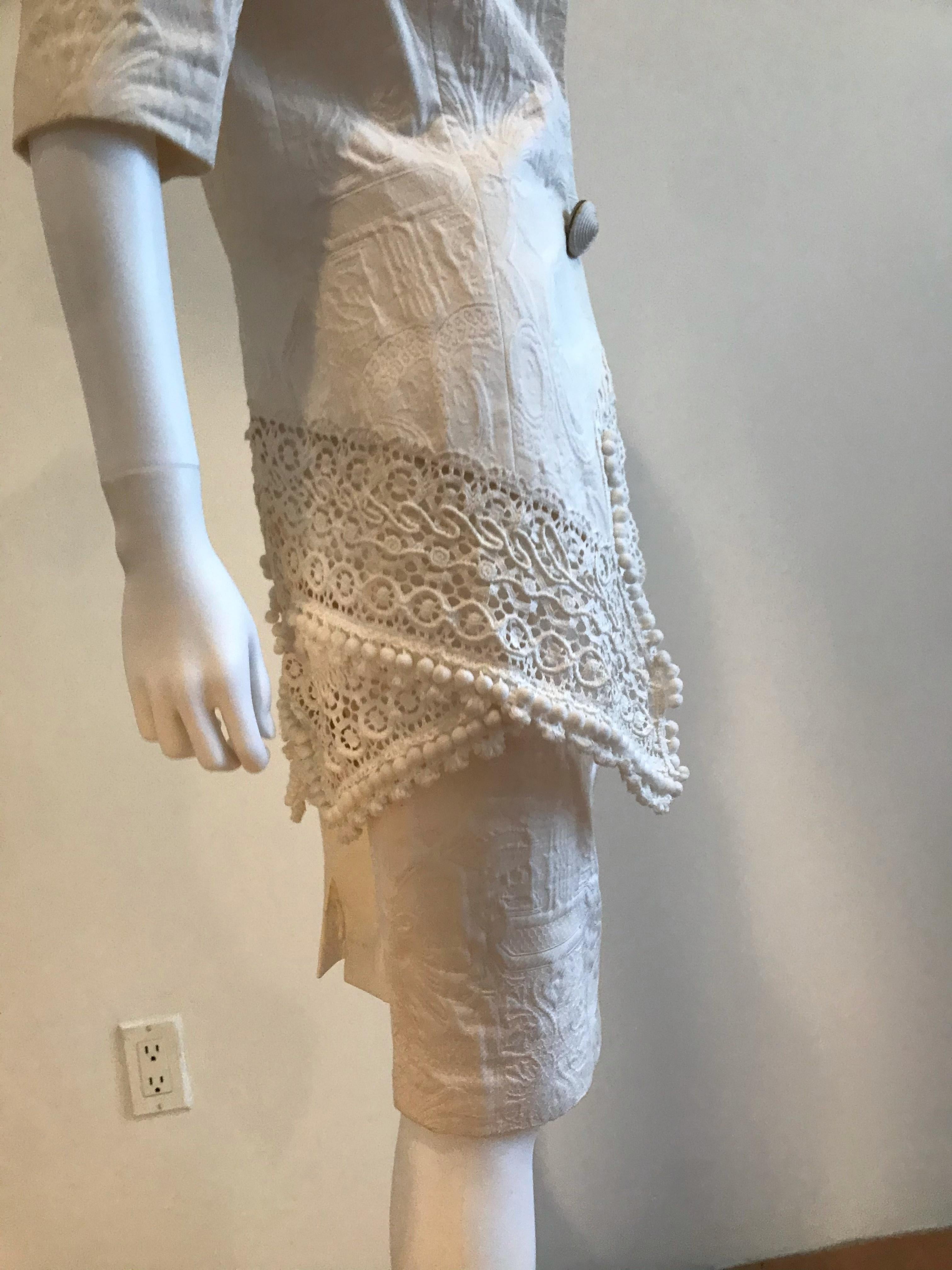 Gianfranco Ferre Brocade Crochet Lace & Pom Pom Detail Jacket and Skirt Ensemble For Sale 6