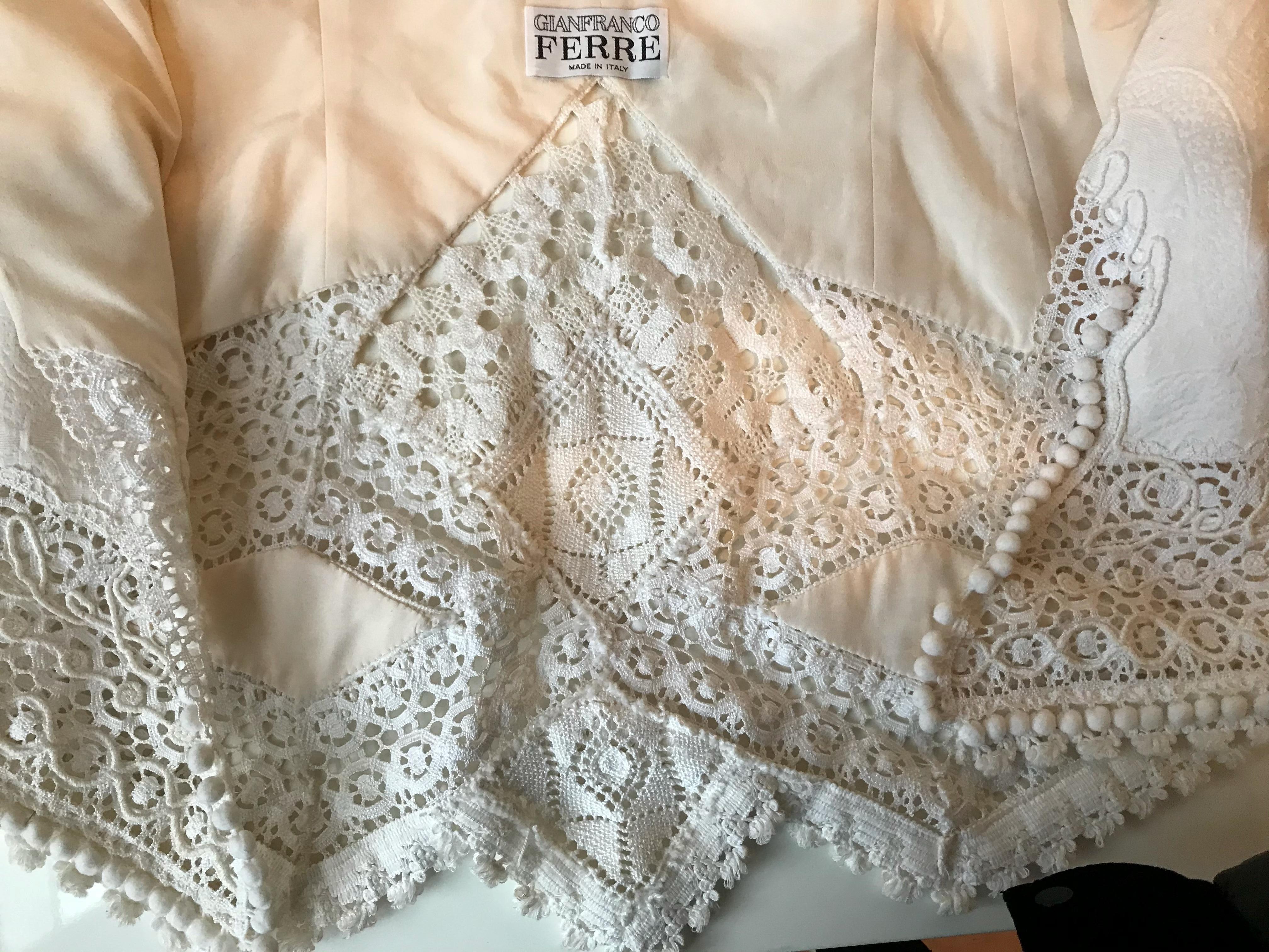 Gianfranco Ferre Brocade Crochet Lace & Pom Pom Detail Jacket and Skirt Ensemble For Sale 12