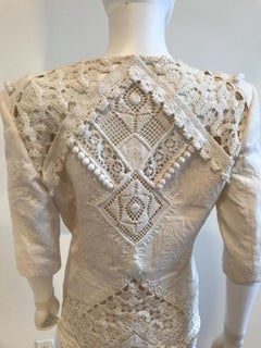 Gianfranco Ferre Brocade Crochet Lace & Pom Pom Detail Jacket and Skirt Ensemble