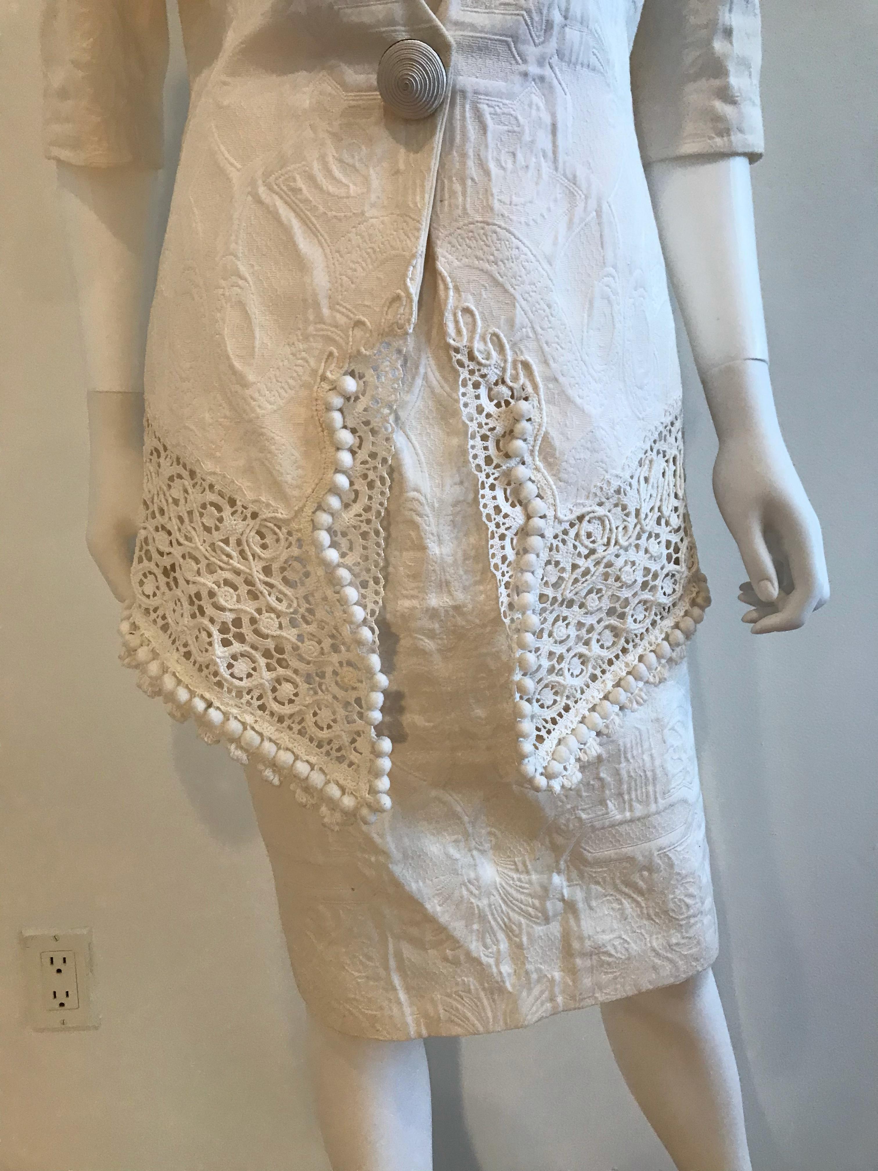 Women's Gianfranco Ferre Brocade Crochet Lace & Pom Pom Detail Jacket and Skirt Ensemble For Sale