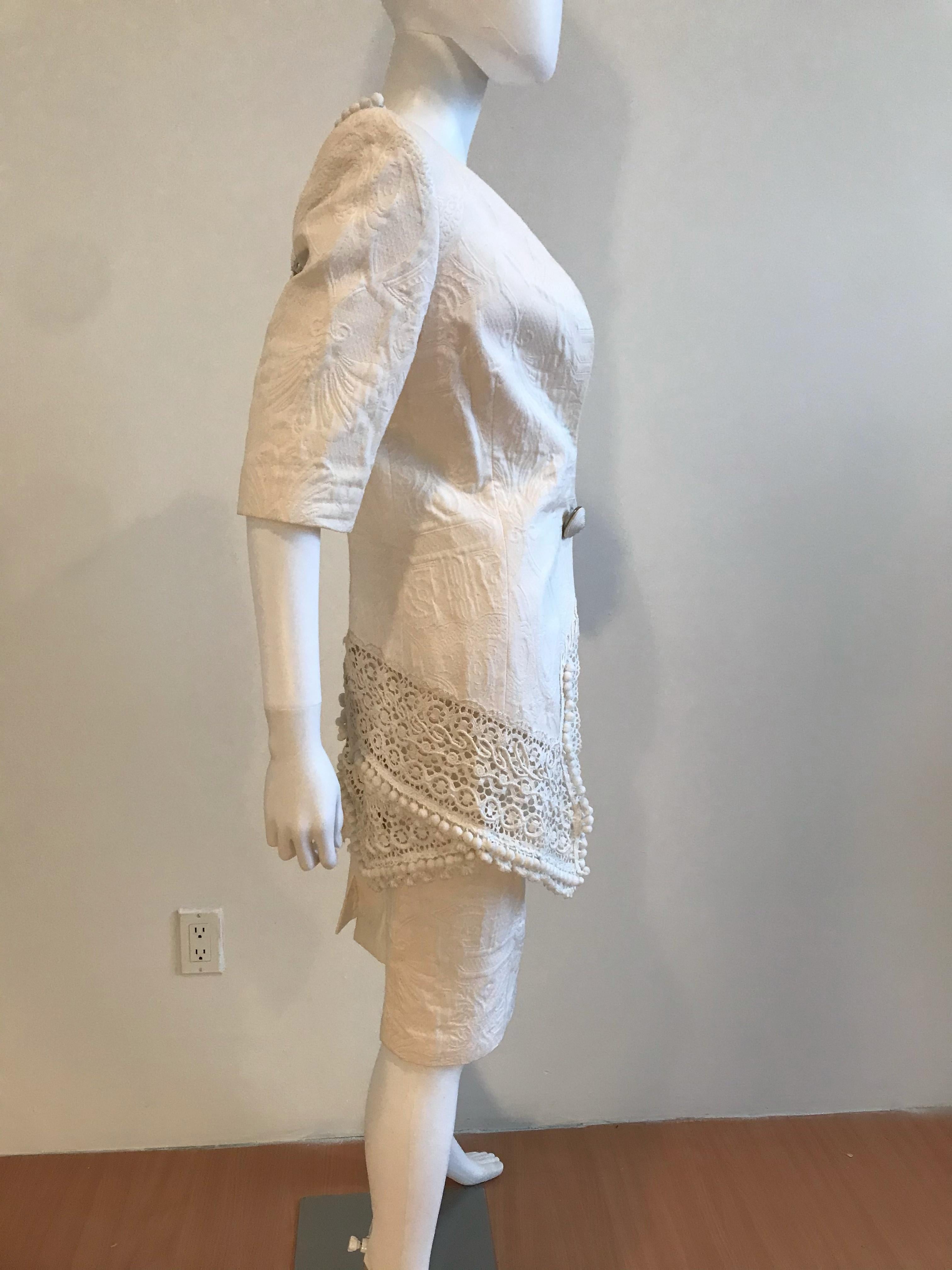 Gianfranco Ferre Brocade Crochet Lace & Pom Pom Detail Jacket and Skirt Ensemble For Sale 4