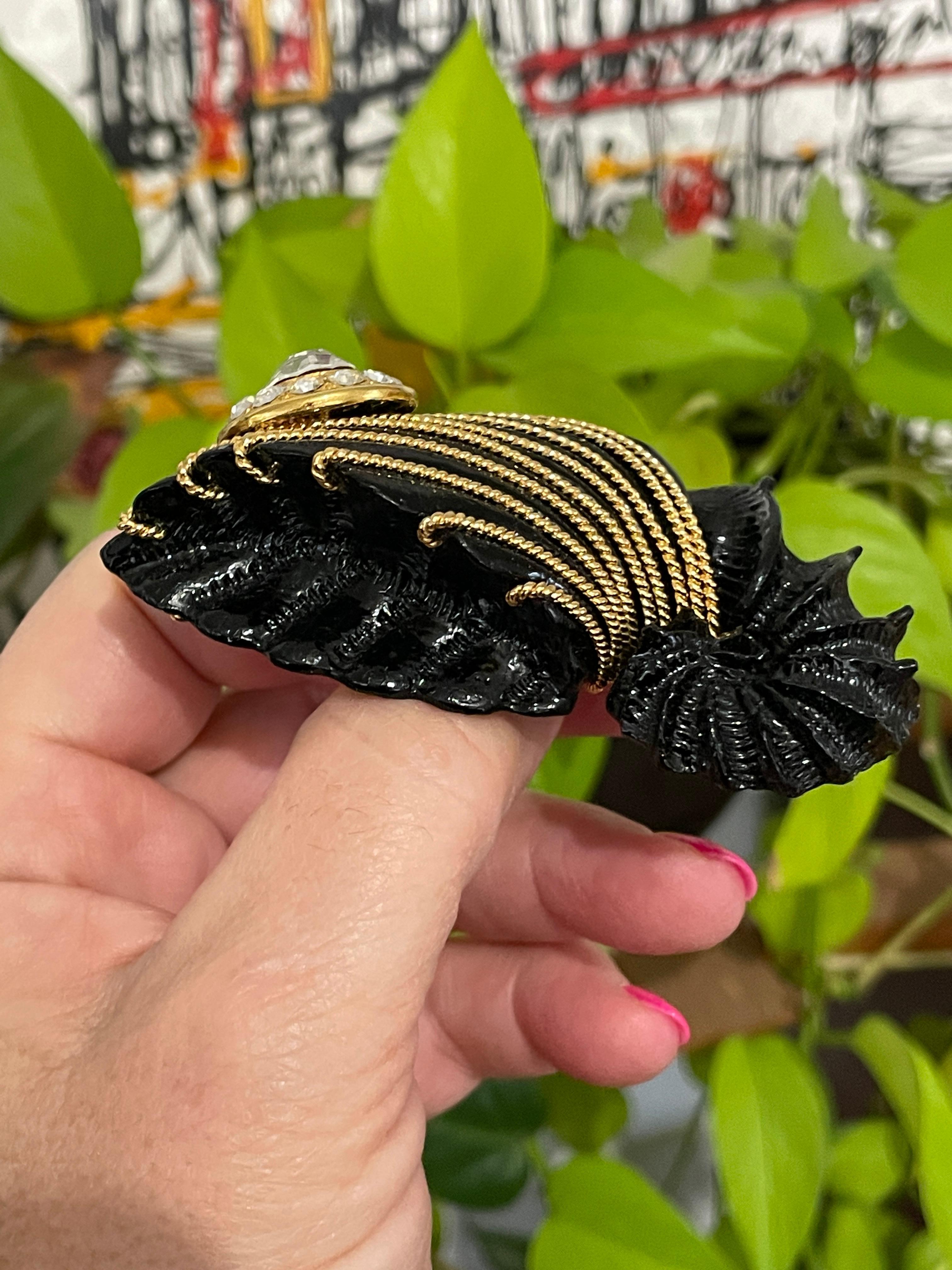Gianfranco FERRE Brooch Black Shell Crystal New, Never worn Pin 1980s For Sale 5