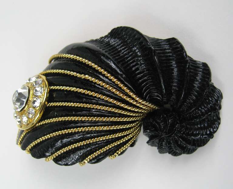 Brilliant Cut Gianfranco FERRE Brooch Black Shell Crystal New, Never worn Pin 1980s For Sale