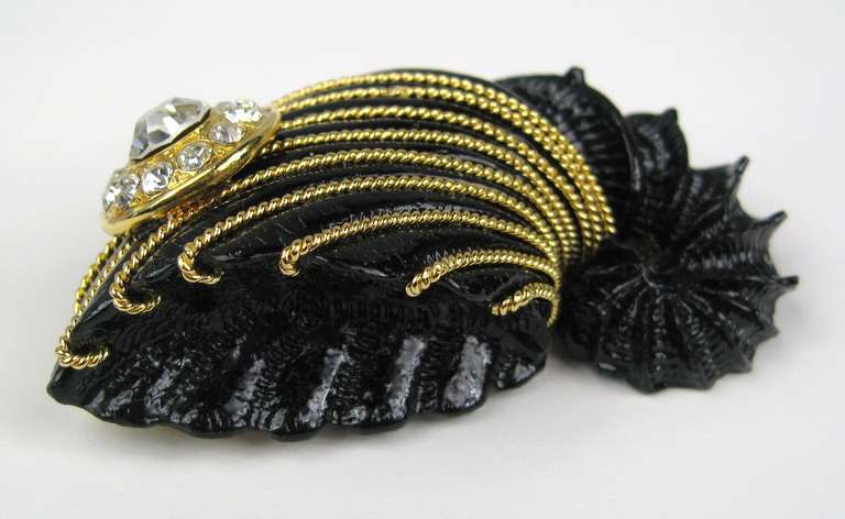 Gianfranco FERRE Brooch Black Shell Crystal New, Never worn Pin 1980s In New Condition For Sale In Wallkill, NY