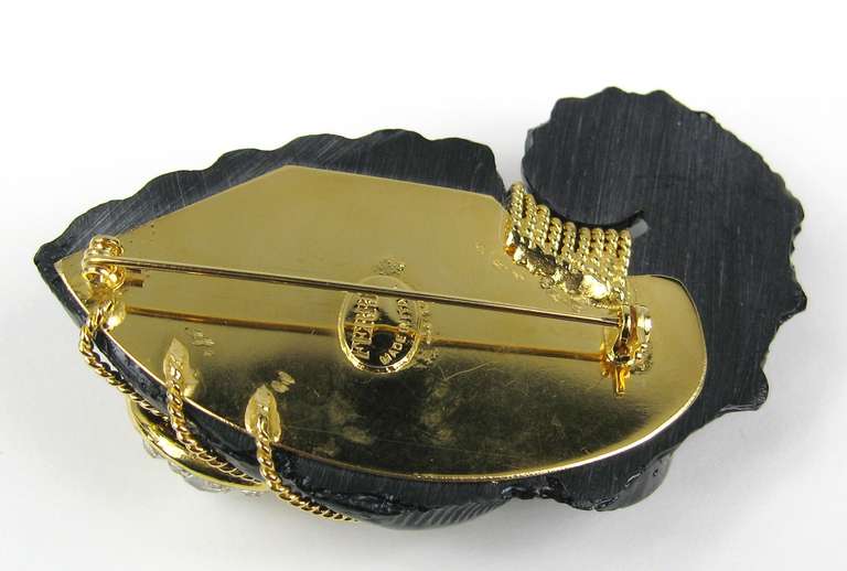 Women's Gianfranco FERRE Brooch Black Shell Crystal New, Never worn Pin 1980s For Sale