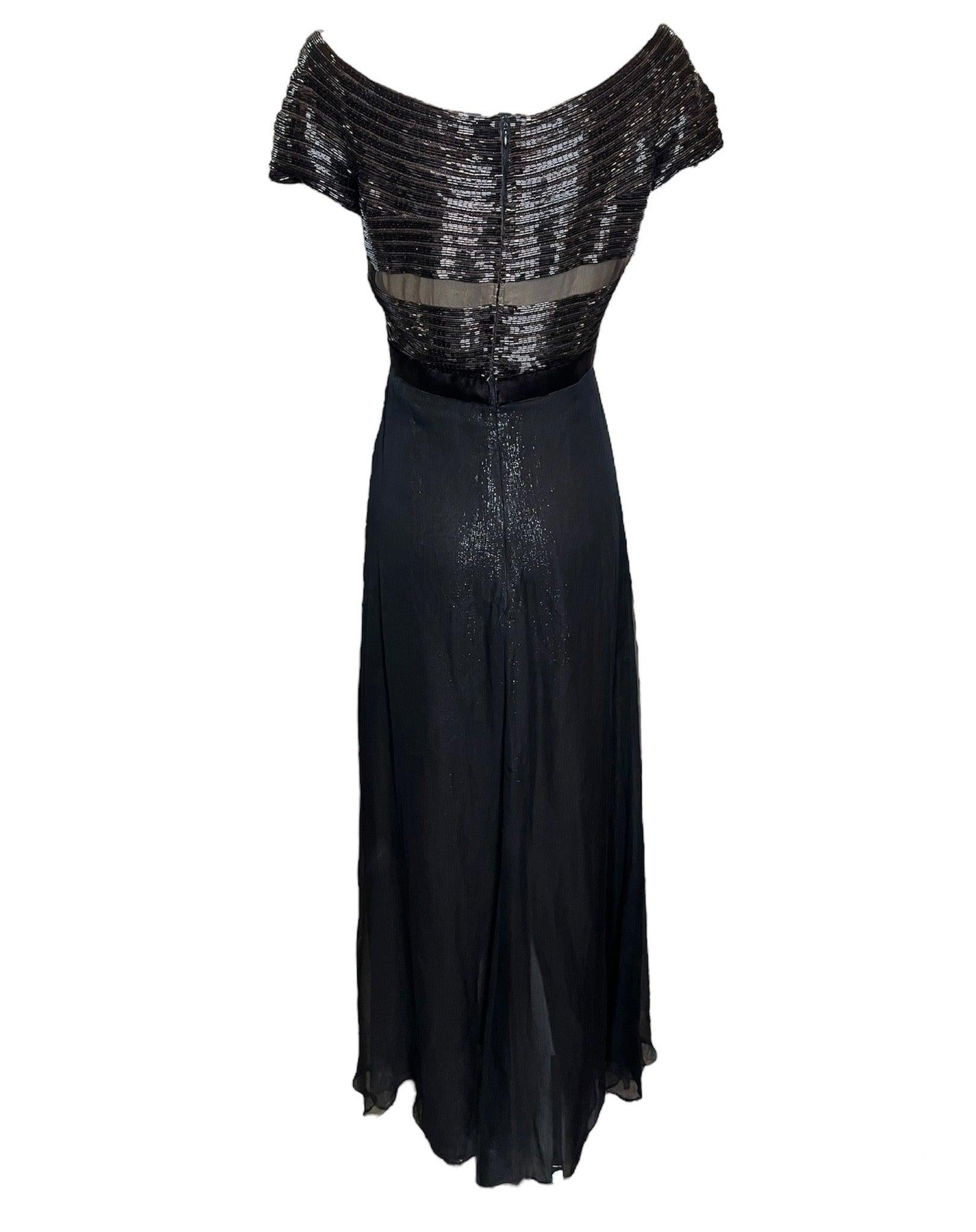 Black Gianfranco Ferre Brown Beaded Chiffon Gown, 1990s For Sale