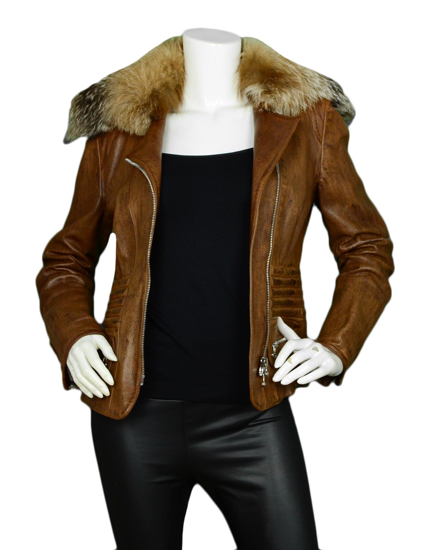 Gianfranco Ferre Brown Distressed Leather Jacket w/ Fur Collar sz 40

Made In: Italy 
Color: Brown
Materials: 100% Sheep Leather
Lining: 51% Acetate, 49% Viscose
Opening/Closure: Front zip
Overall Condition: Excellent pre-owned condition

Tag Size: