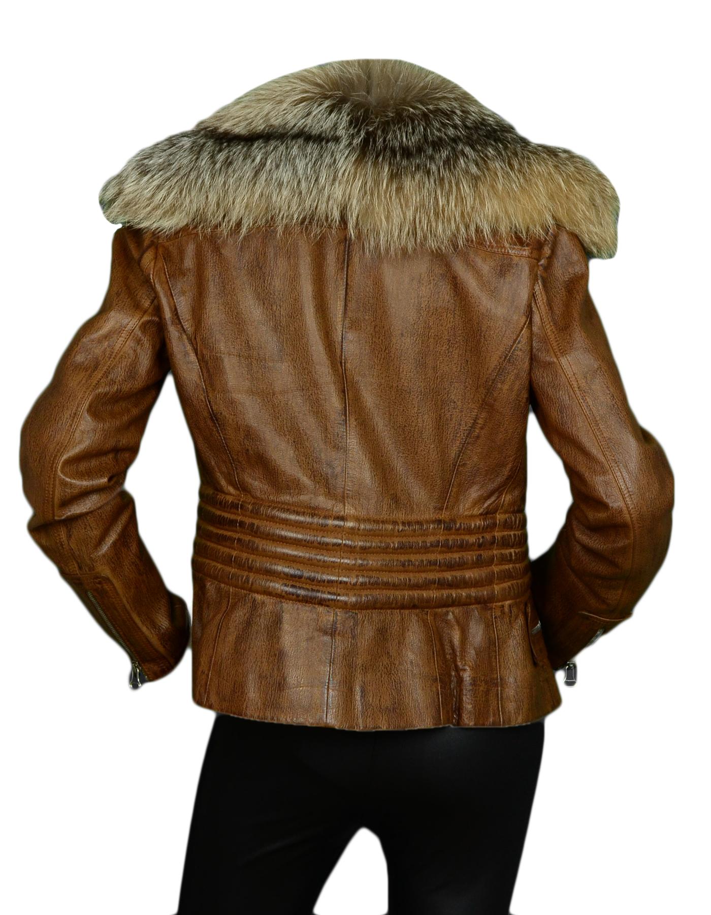 Gianfranco Ferre Brown Distressed Leather Jacket w/ Fur Collar sz 40 In Excellent Condition In New York, NY