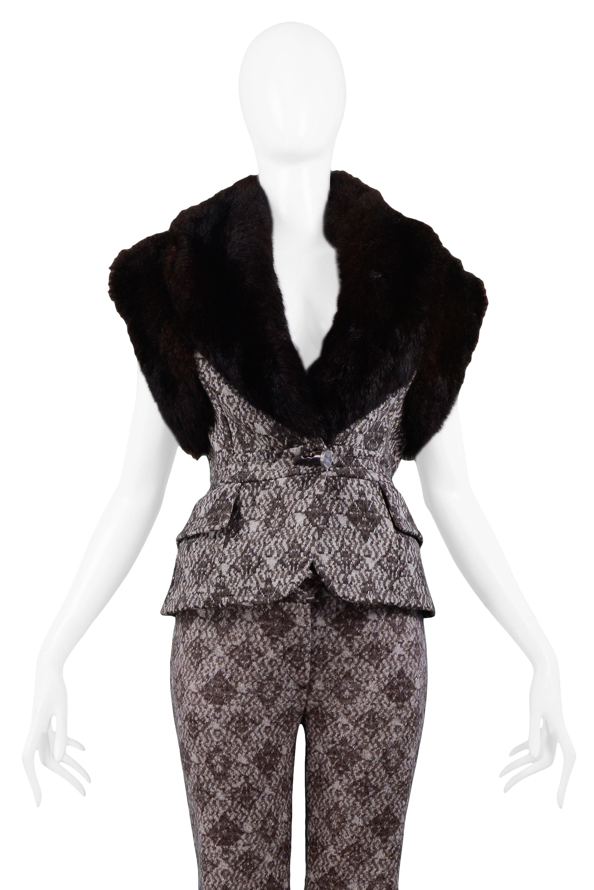 Gianfranco Ferre Brown Fur & Geometric Print Vest and Pants Ensemble 2006 In Excellent Condition For Sale In Los Angeles, CA