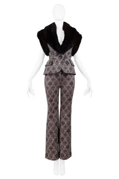 Gianfranco Ferre Brown Fur & Geometric Print Vest and Pants Ensemble 2006