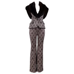 Gianfranco Ferre Brown Fur & Geometric Print Vest and Pants Ensemble 2006