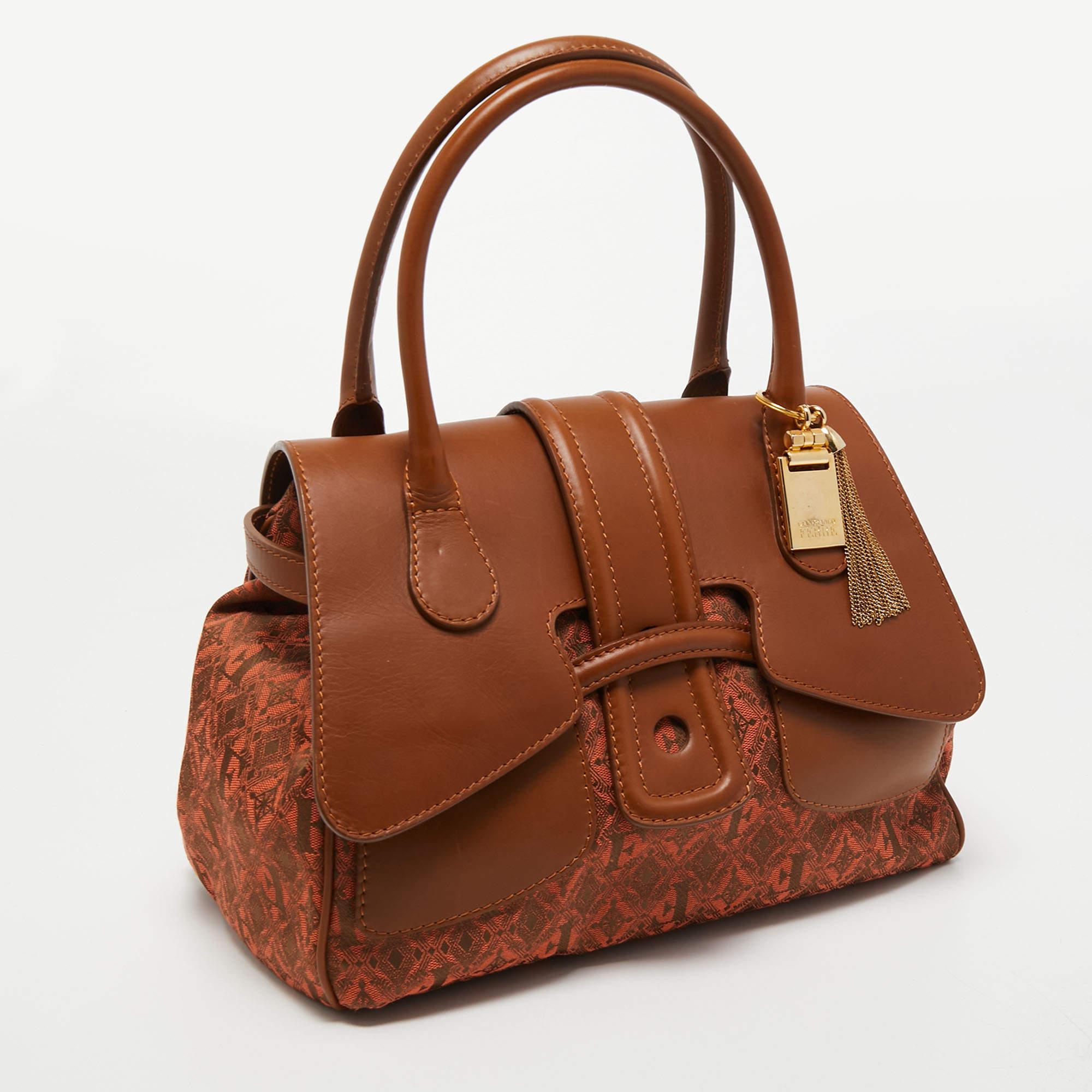 Gianfranco Ferre Brown Jacquard Fabric and Leather Flap Satchel In Fair Condition For Sale In Dubai, Al Qouz 2