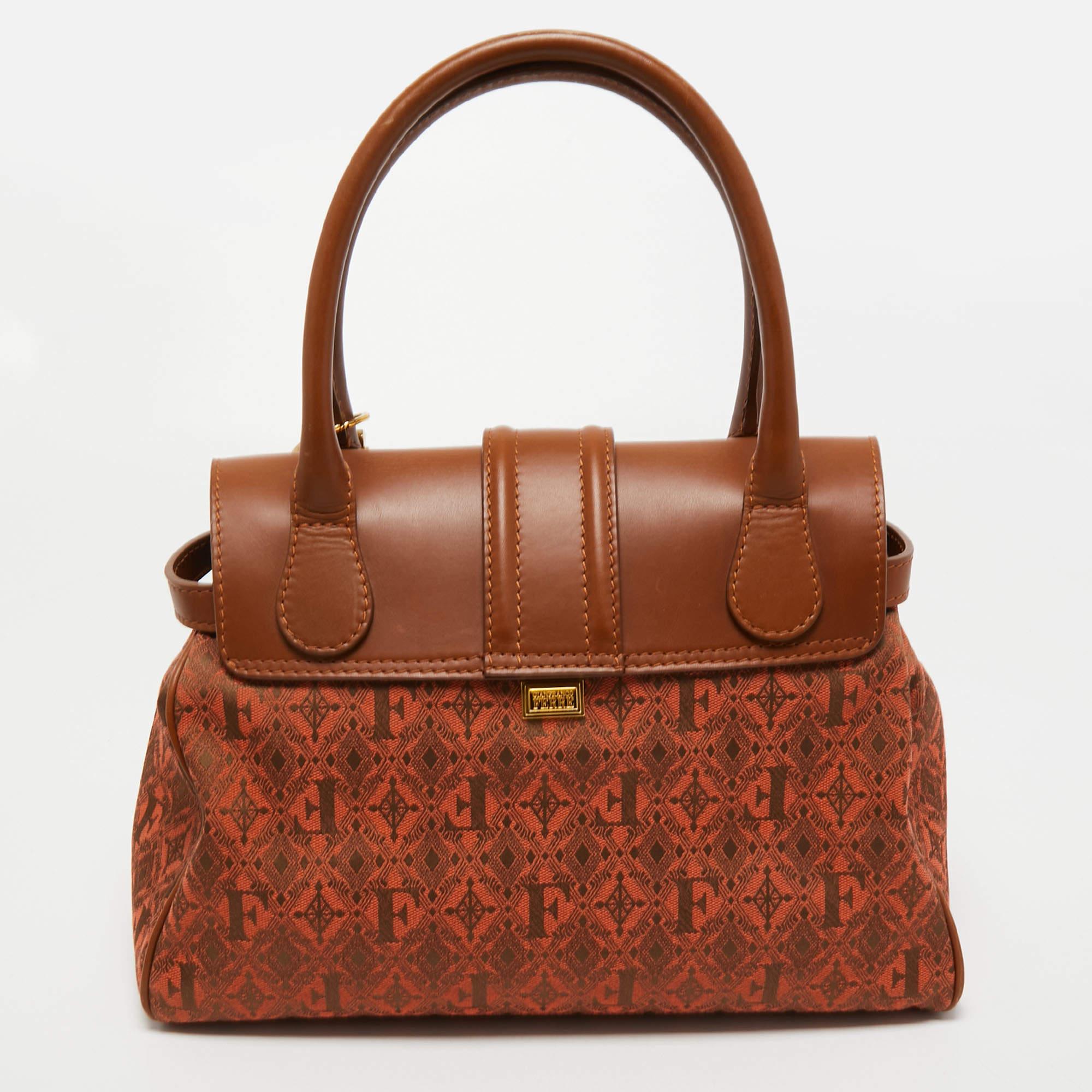 Women's Gianfranco Ferre Brown Jacquard Fabric and Leather Flap Satchel For Sale