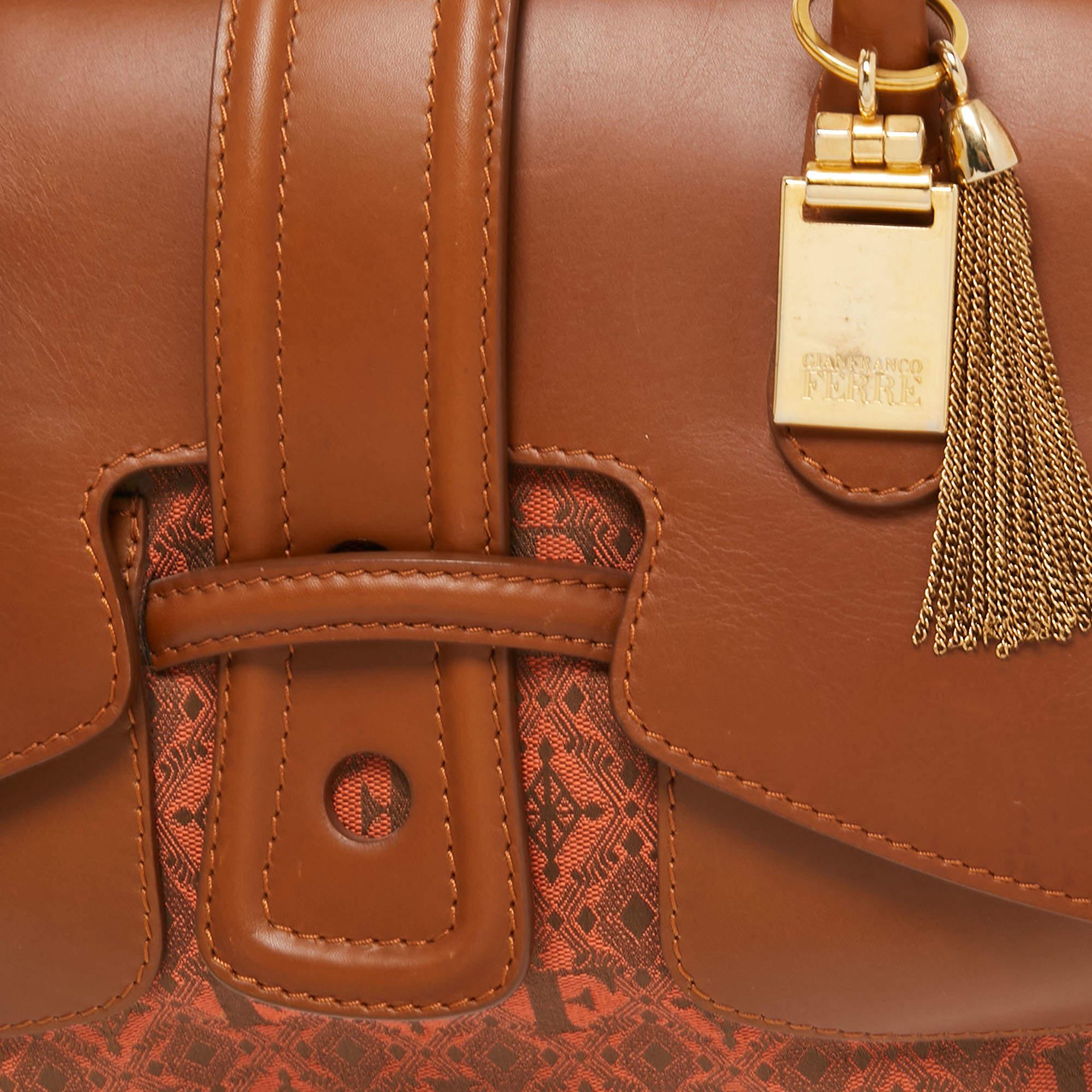Gianfranco Ferre Brown Jacquard Fabric and Leather Flap Satchel For Sale 1