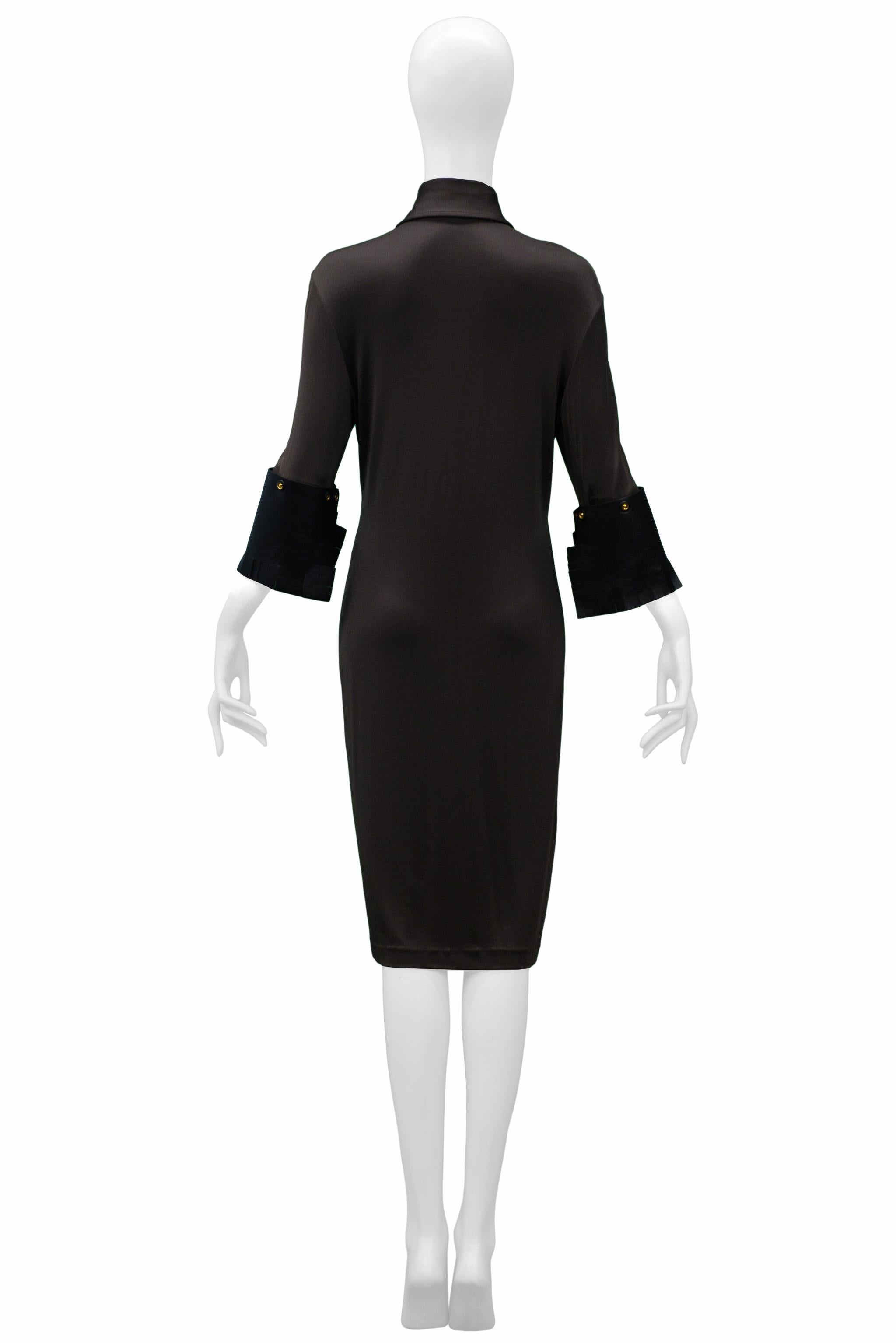 Black Gianfranco Ferre Brown Jersey Dress With Leather Cuffs For Sale