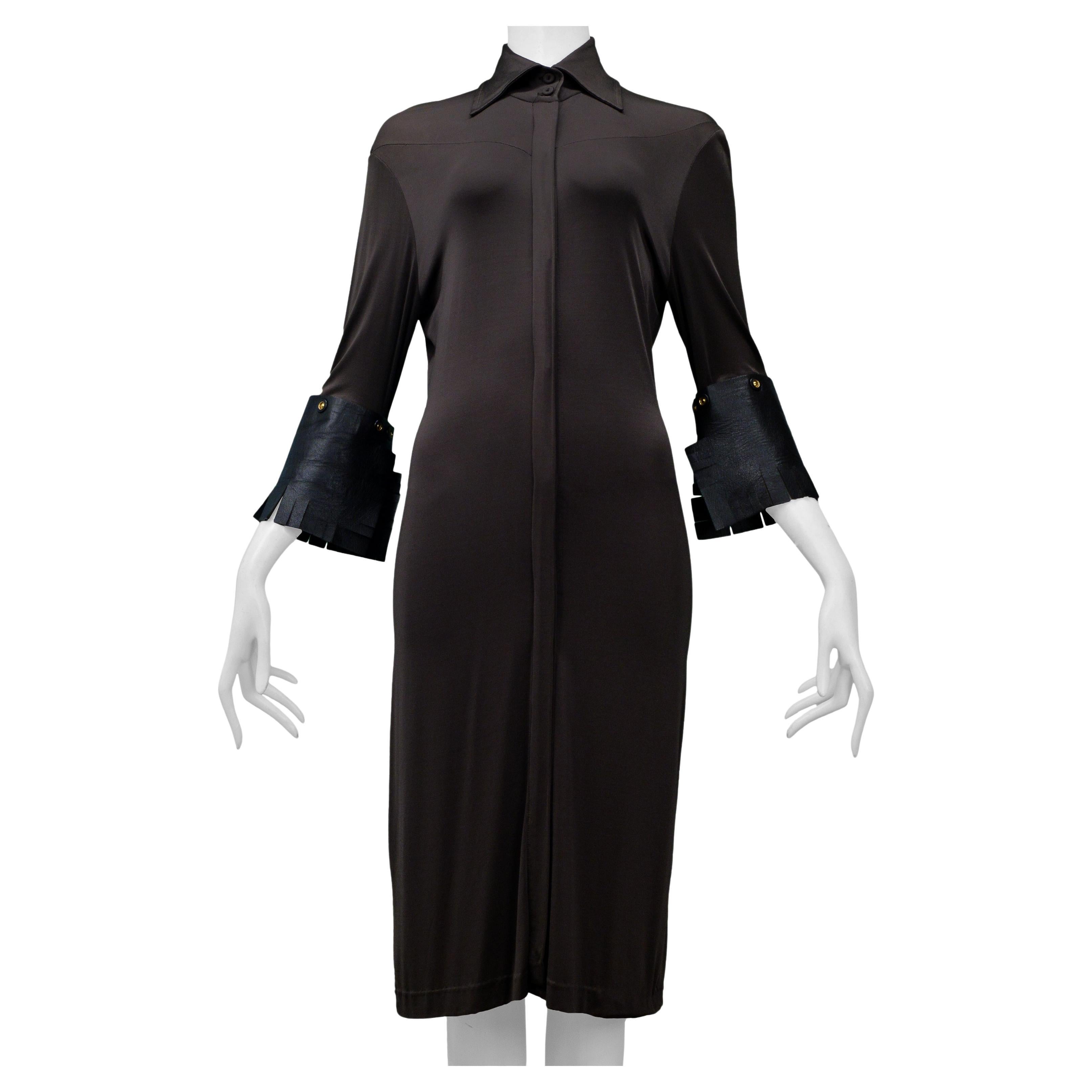 Gianfranco Ferre Brown Jersey Dress With Leather Cuffs For Sale