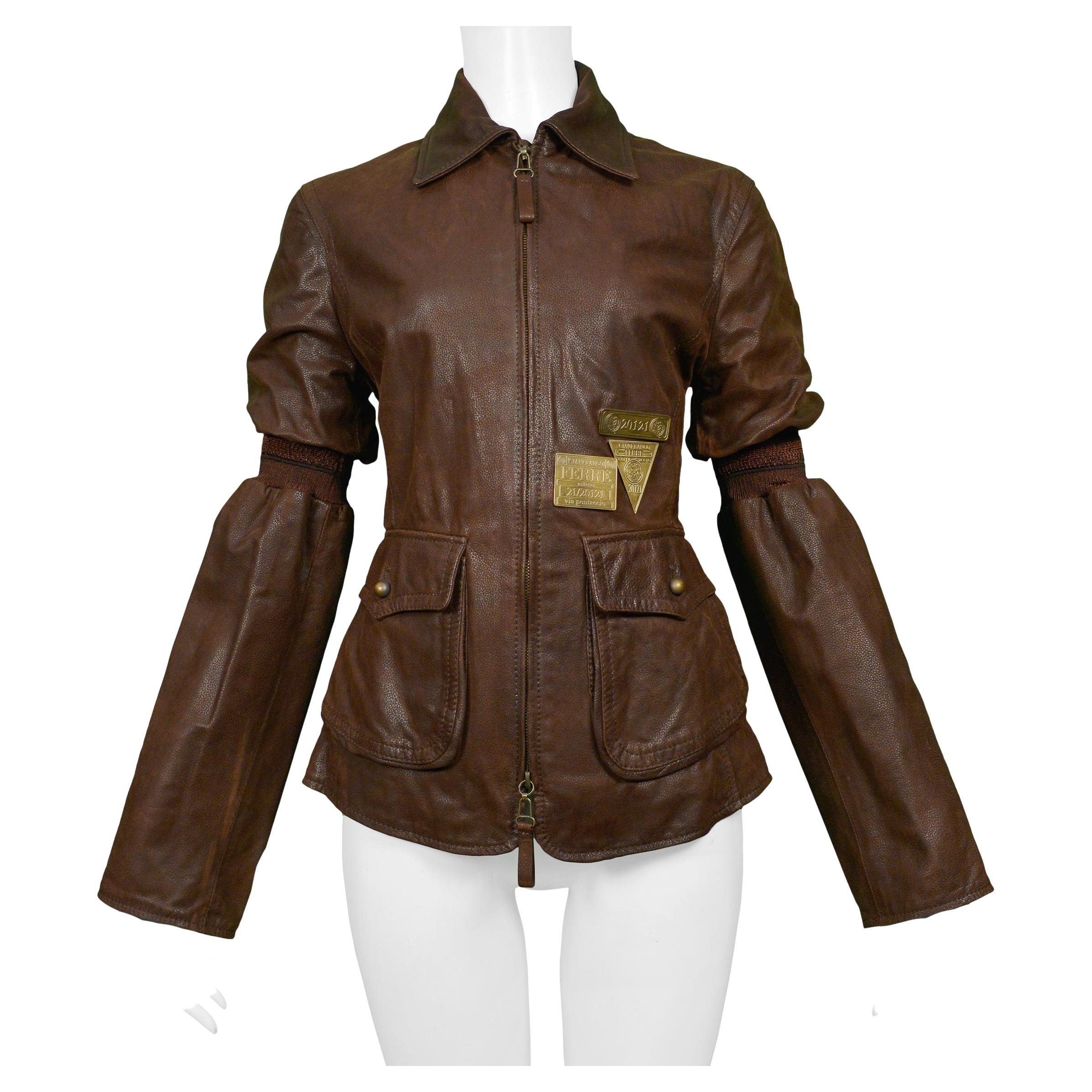 Gianfranco Ferre Brown Leather Aviator Jacket With Brass Hardware For Sale