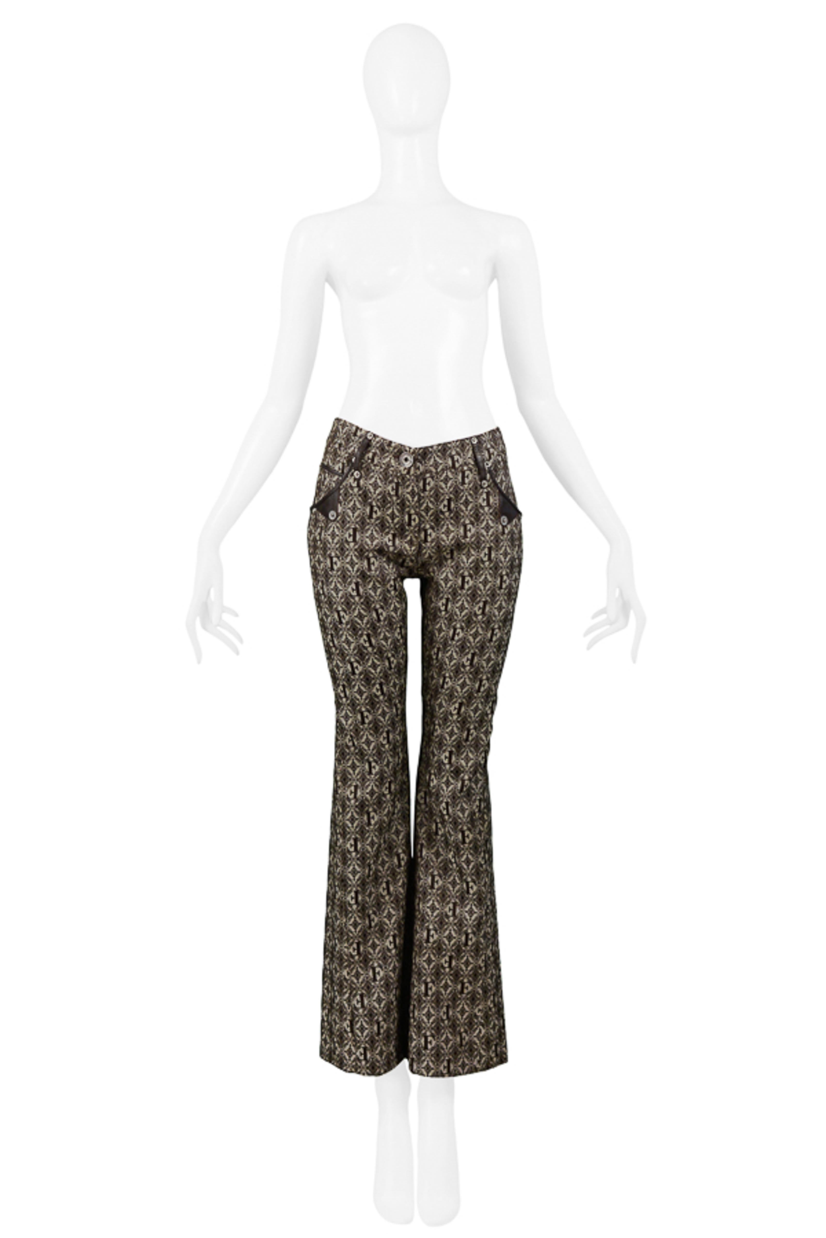 Gianfranco Ferre Brown Logo Pants With Leather Trim 2006 In Excellent Condition For Sale In Los Angeles, CA