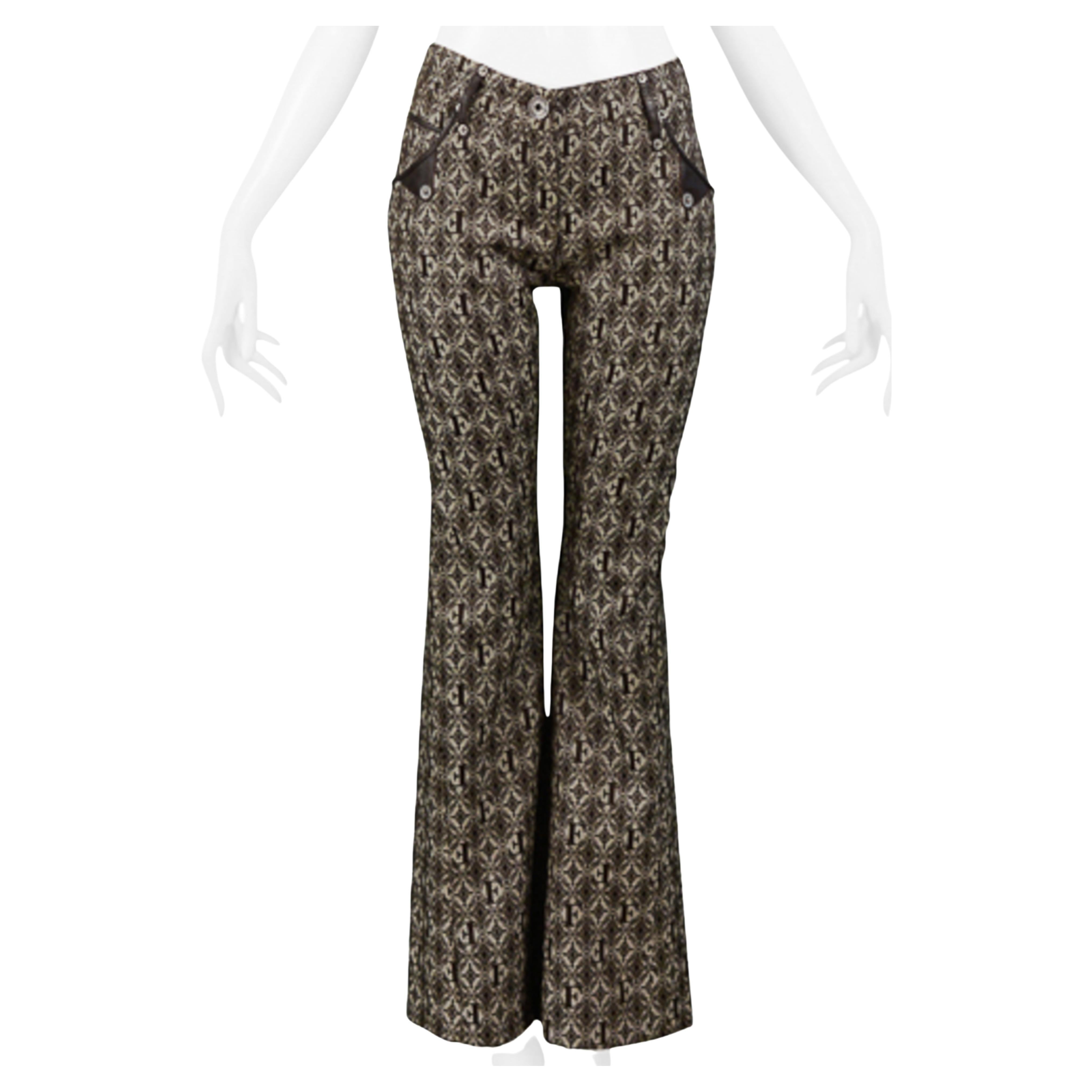 Gianfranco Ferre Brown Logo Pants With Leather Trim 2006 For Sale