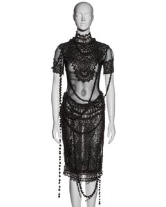 Gianfranco Ferré brown raffia crochet evening dress, ss 2002