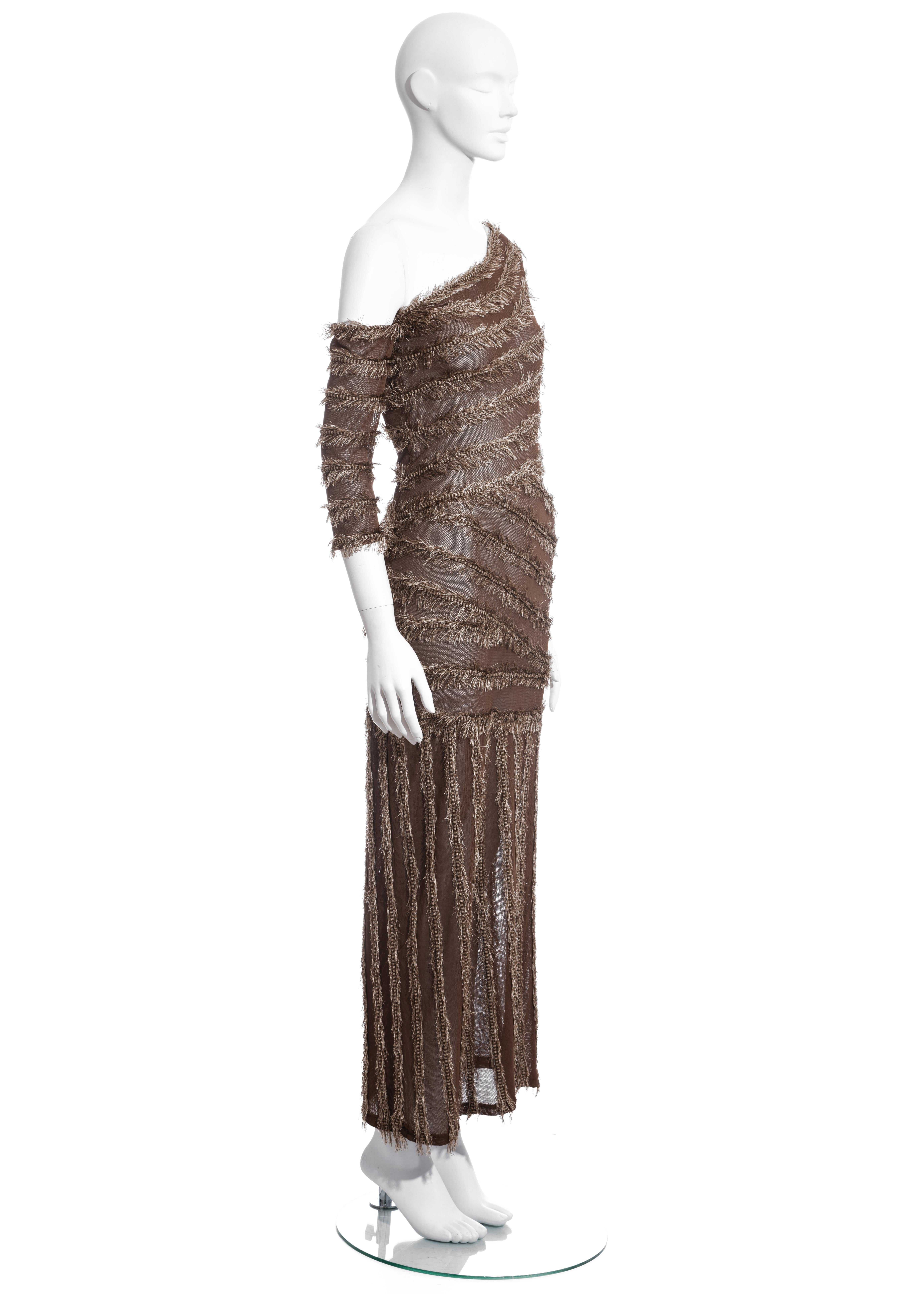 Gianfranco Ferre brown viscose knit one-sleeve dress, c. 1990s In Good Condition For Sale In London, GB