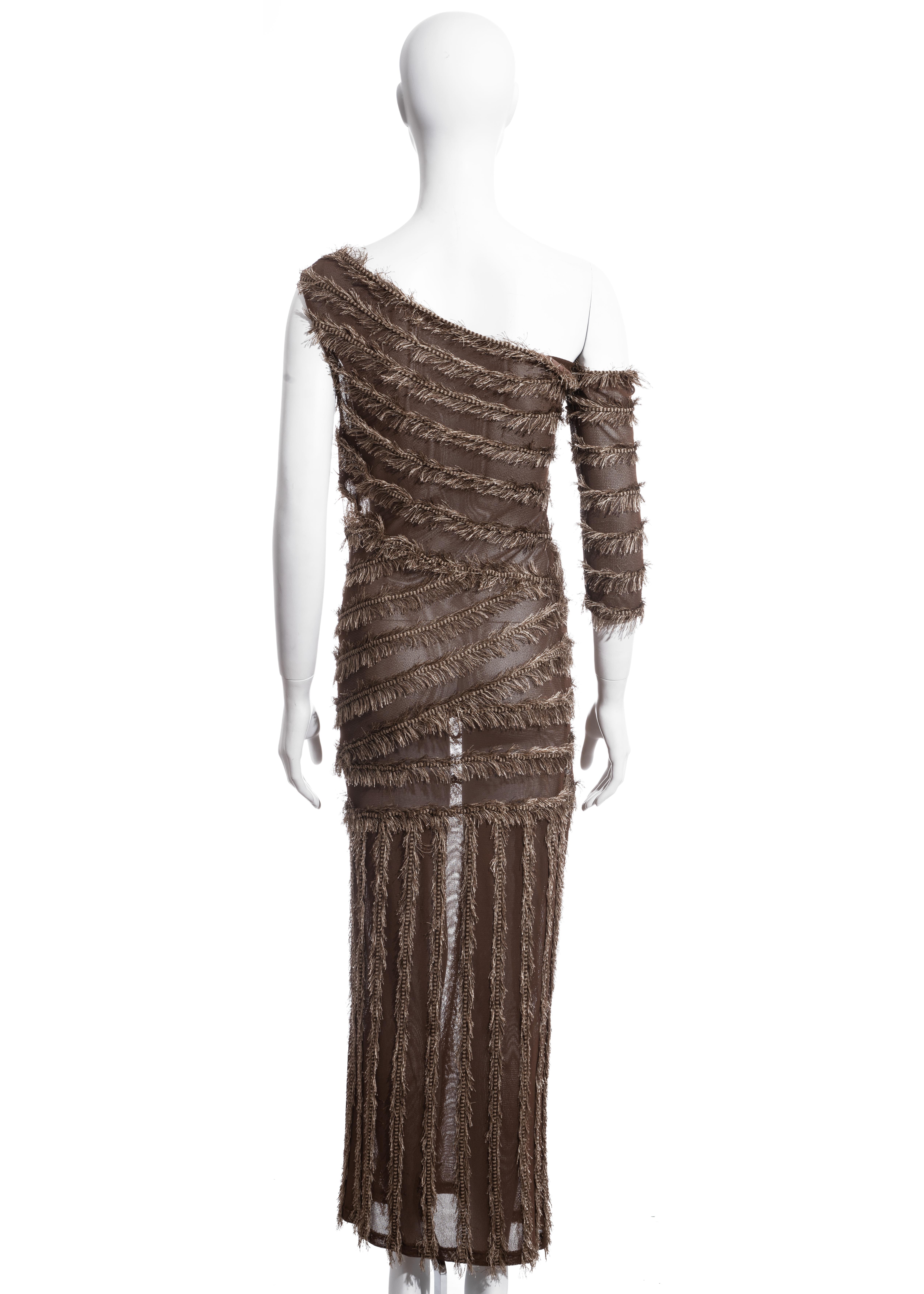 Women's Gianfranco Ferre brown viscose knit one-sleeve dress, c. 1990s For Sale