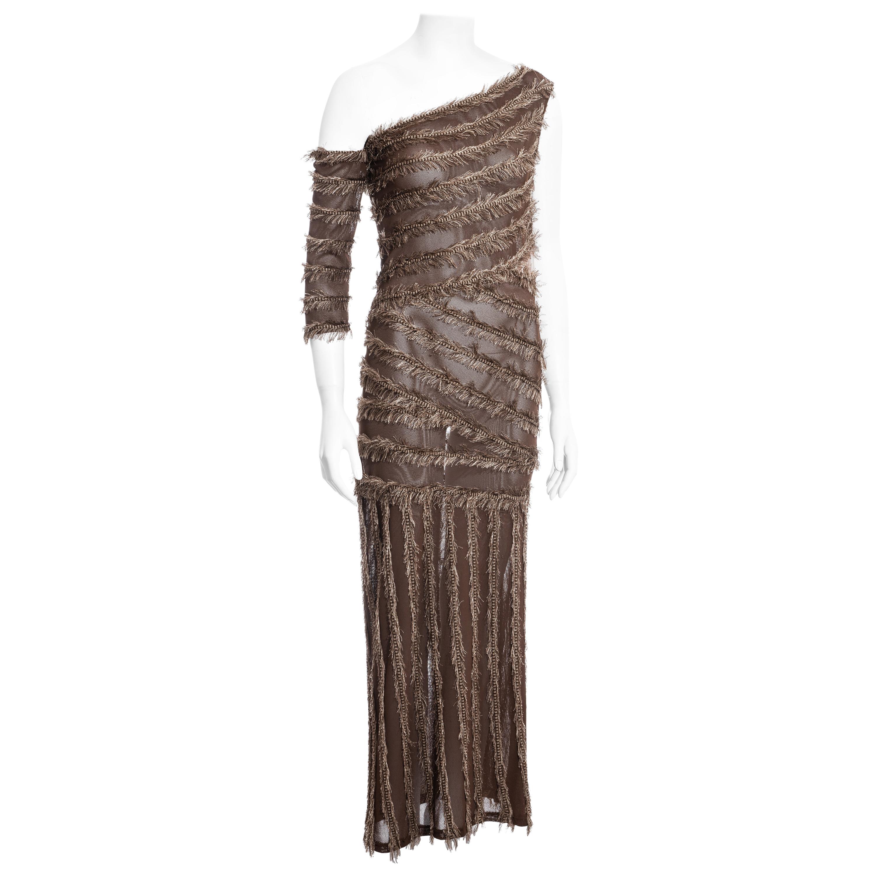 Gianfranco Ferre brown viscose knit one-sleeve dress, c. 1990s For Sale