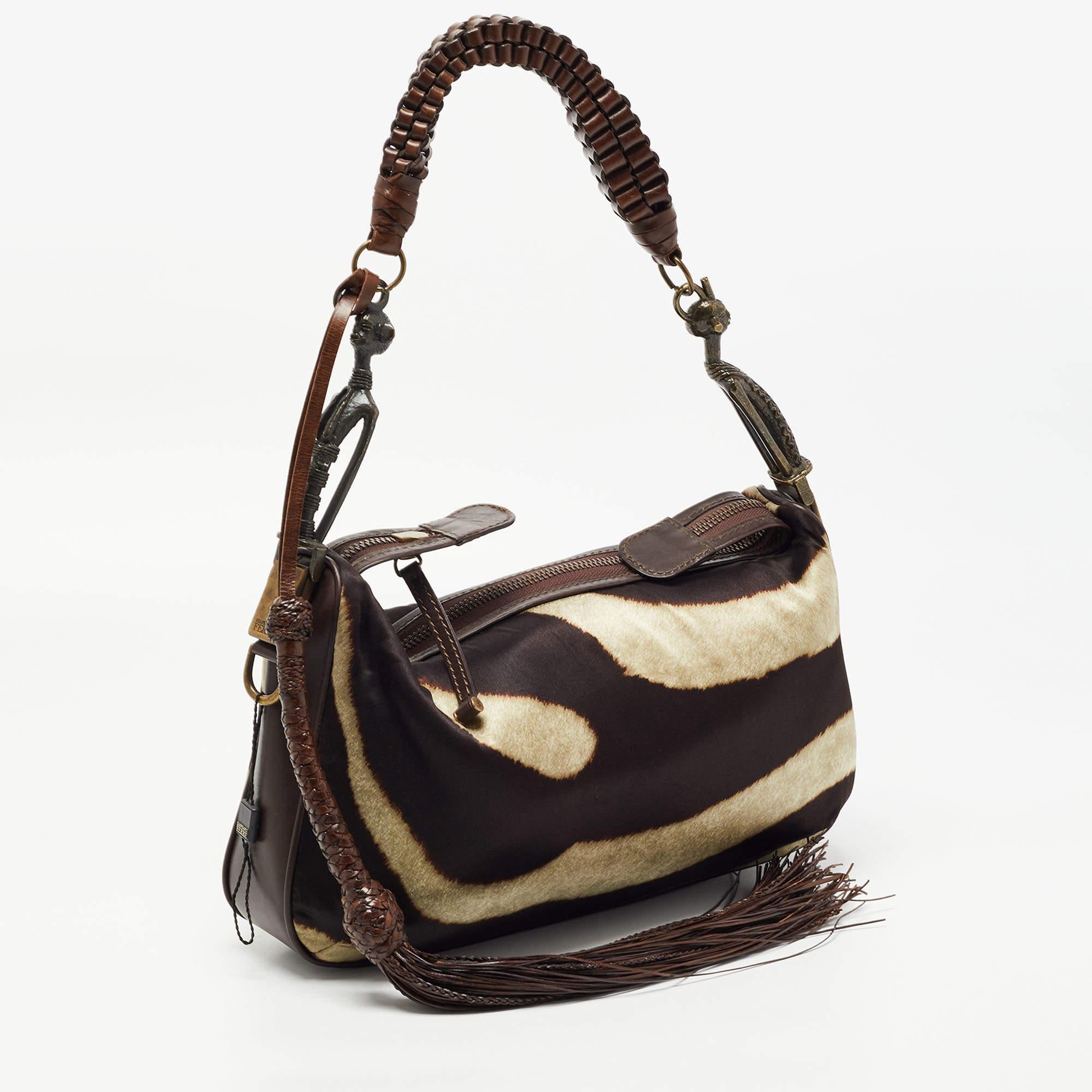 Noir Gianfranco Ferre Brown Sac à bandoulière en cuir et satin imprimé zèbre Tribe