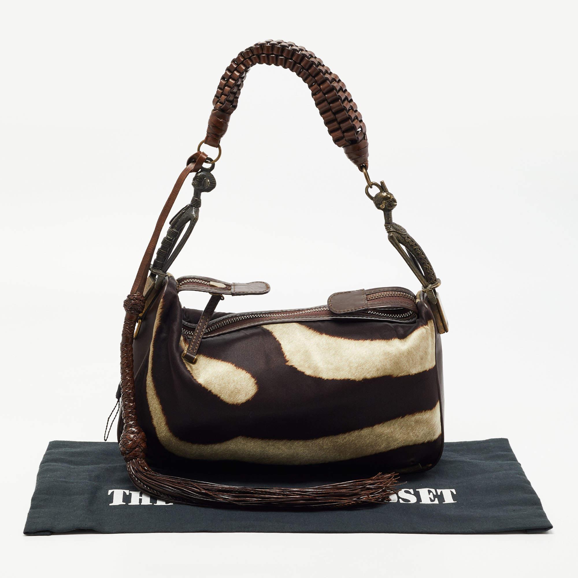 Gianfranco Ferre Brown Sac à bandoulière en cuir et satin imprimé zèbre Tribe 4
